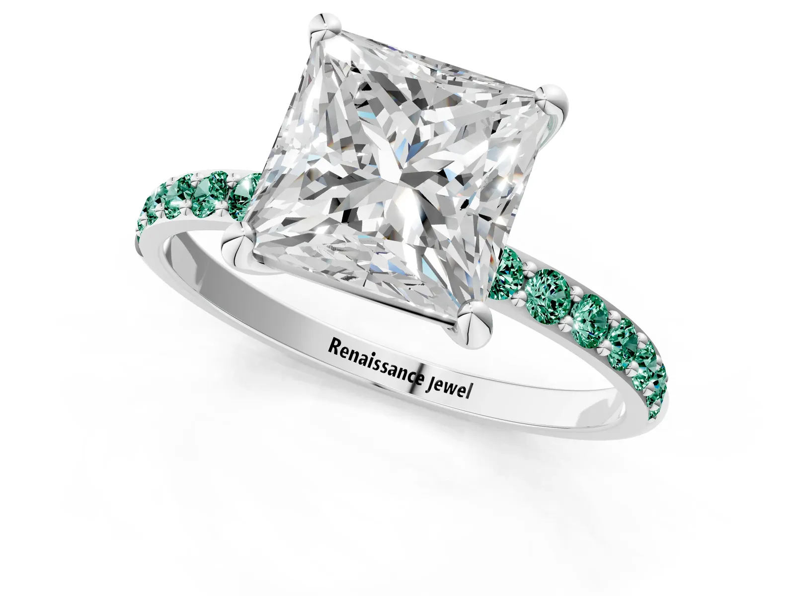 Princess Cut Diamond Solitaire Ring with Round Green Sapphire Pavé Band and Prong Setting Platinum