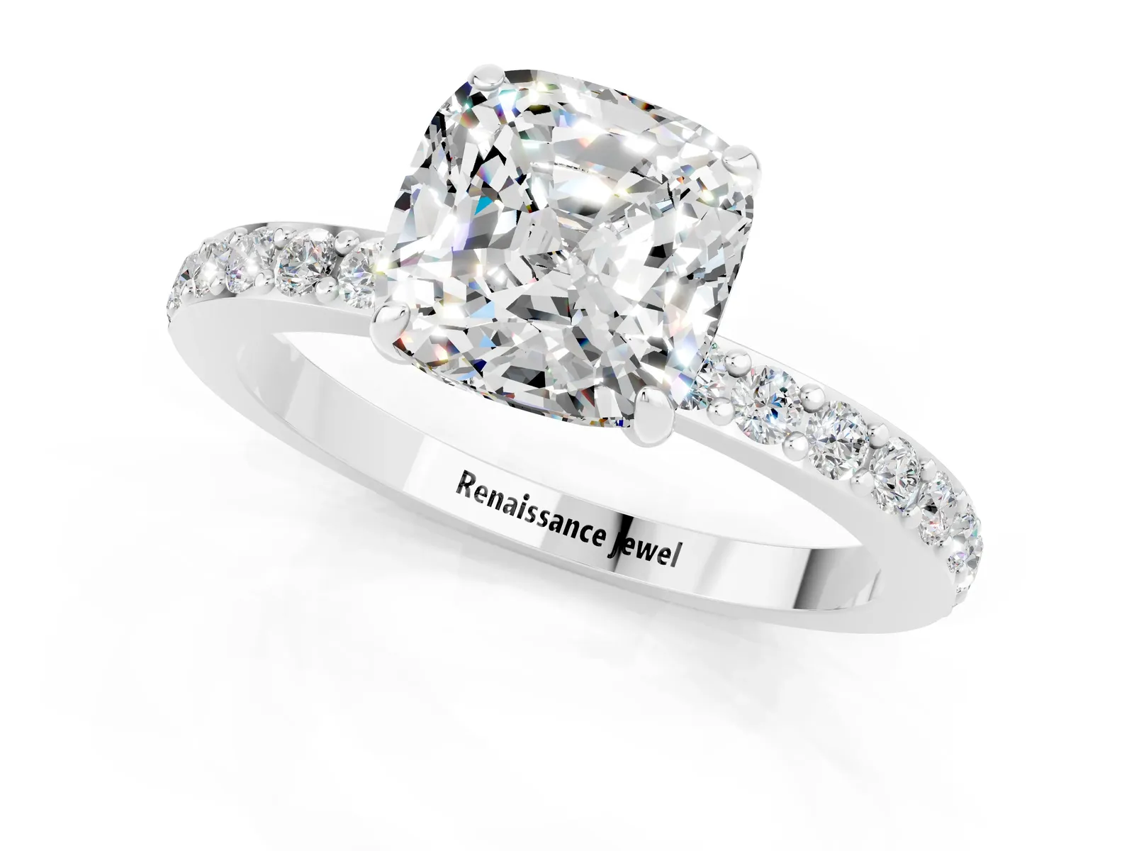 Cushion Cut Moissanite Solitaire Engagement Ring with Pavé Band and Four-Prong Setting Platinum