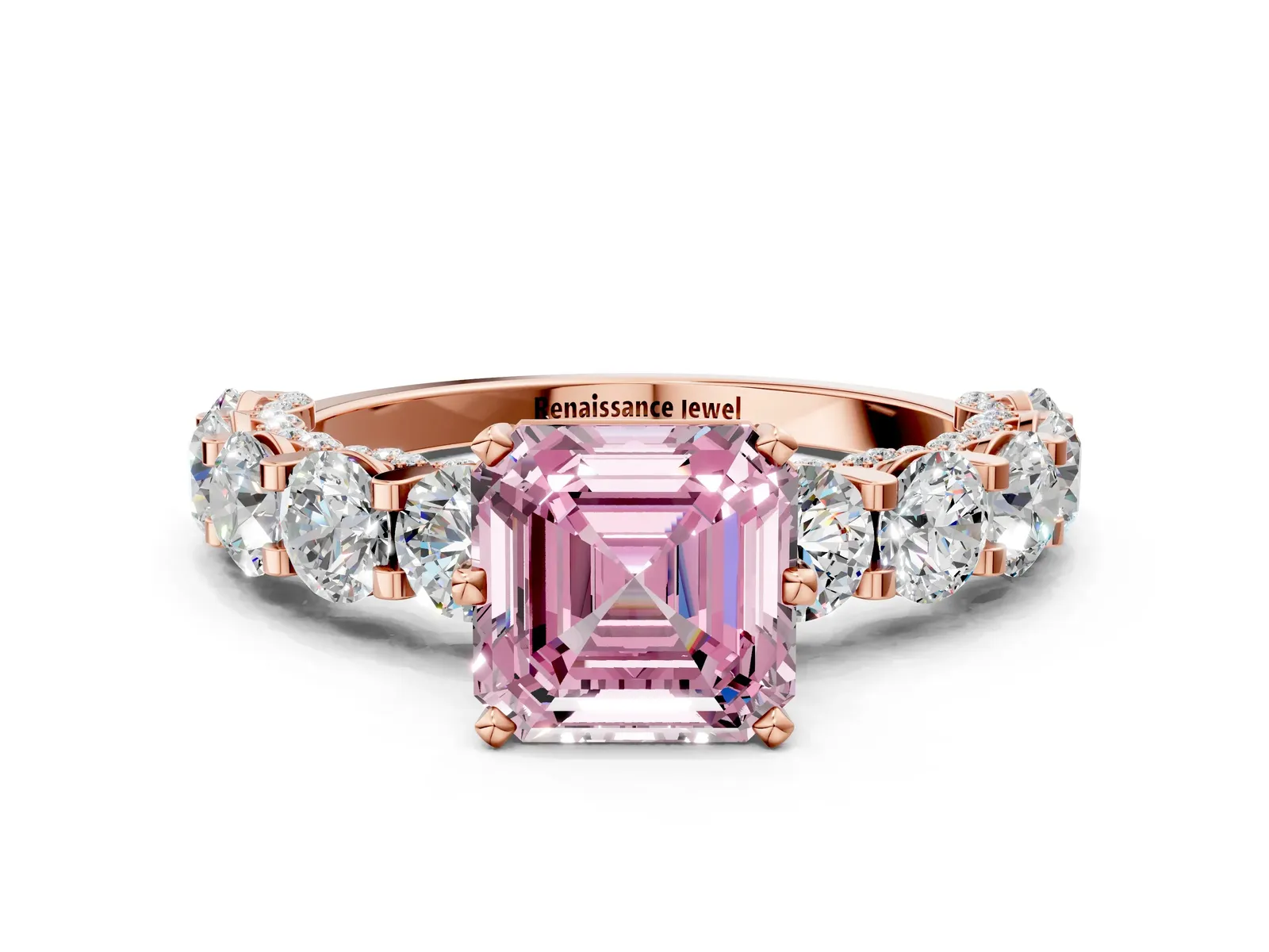 Fancy Pink Asscher Cut Diamond Side Stone Engagement Ring with Four-Prong Setting Rose gold