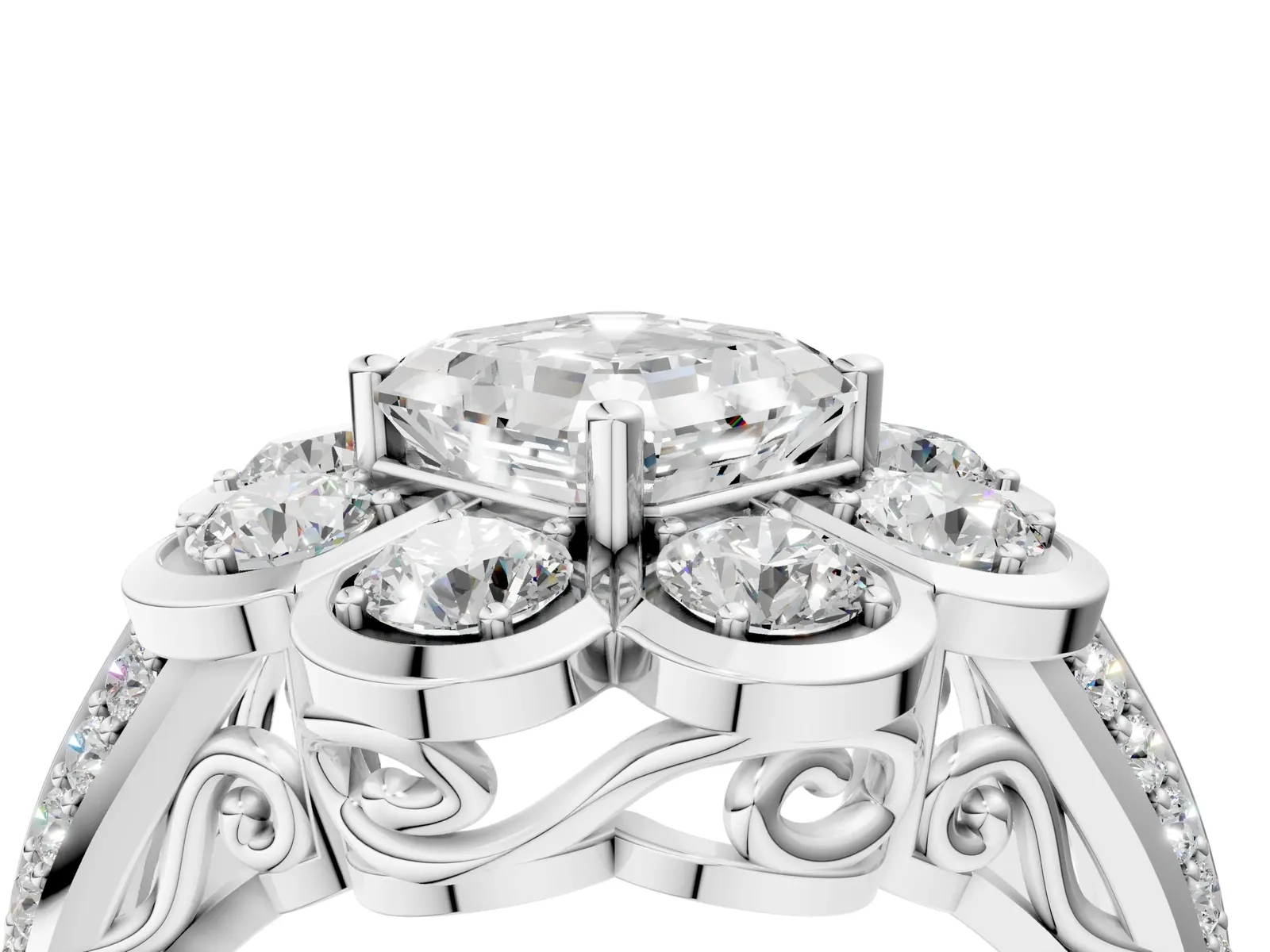 Asscher Cut Brilliant Flower Halo Diamond Split Shank Ring Platinum