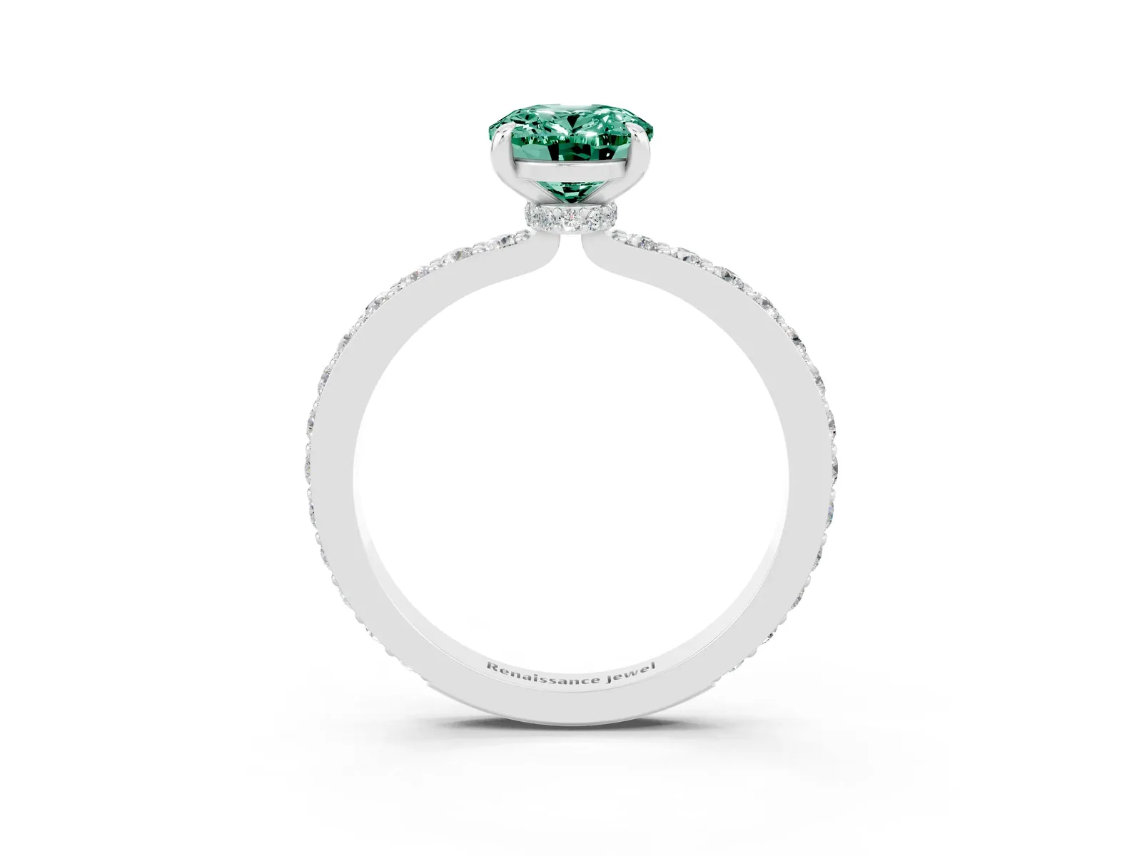 Oval Cut Green Sapphire Solitaire Engagement Ring with Pavé Band and Four-Prong Setting Platinum
