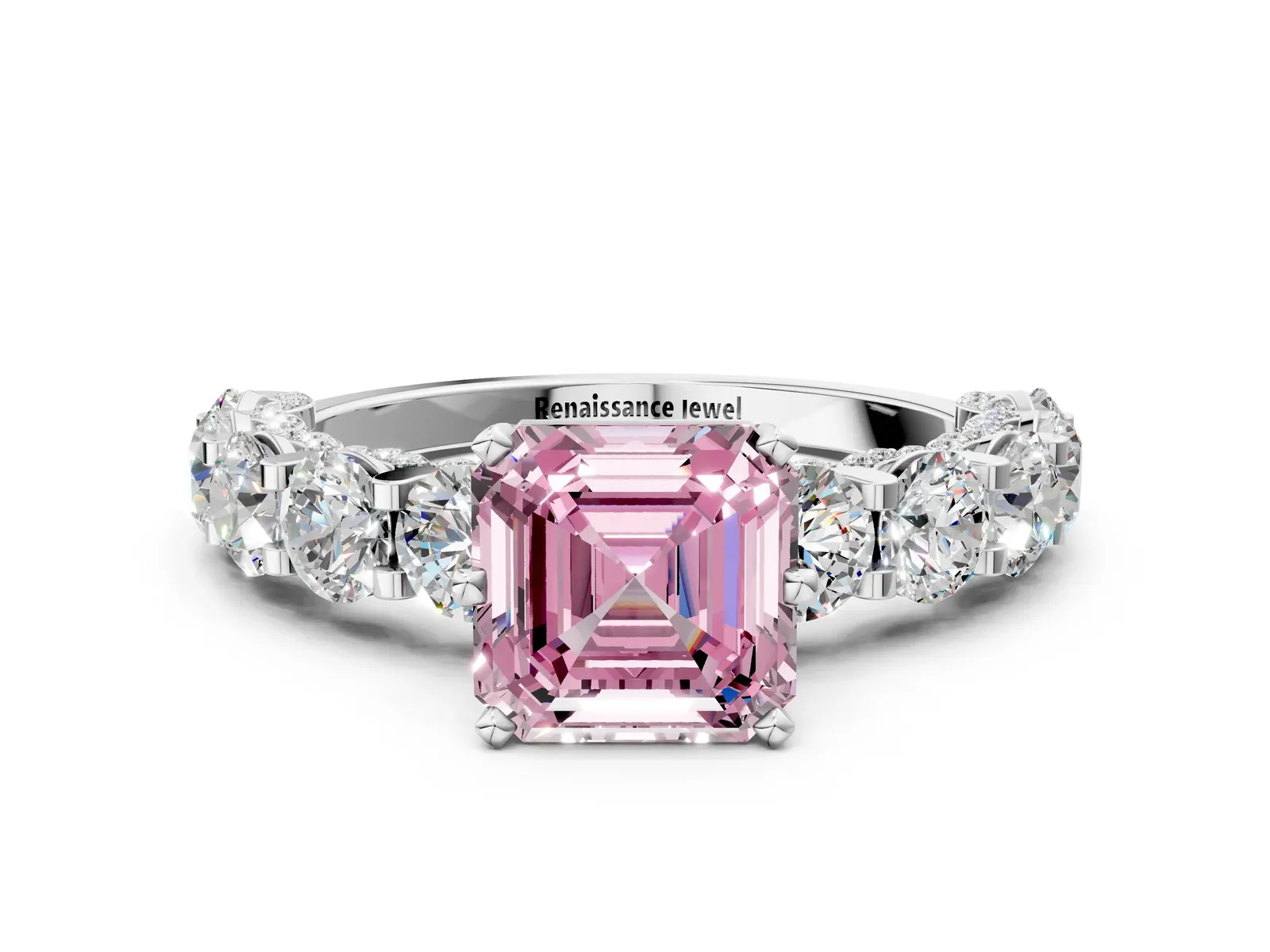 Fancy Pink Asscher Cut Diamond Side Stone Engagement Ring with Four-Prong Setting White gold