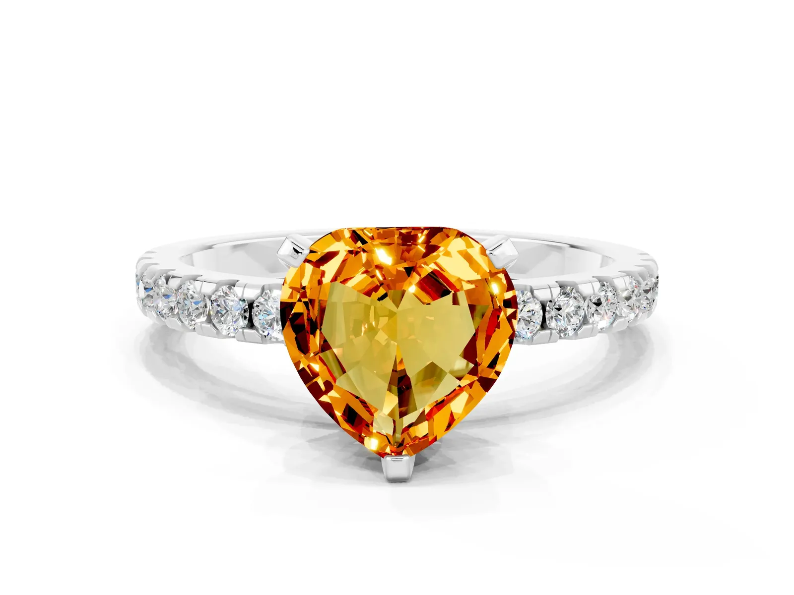 Heart Cut Citrine Solitaire Ring with Round Pavé Band and Four-Prong Setting Platinum