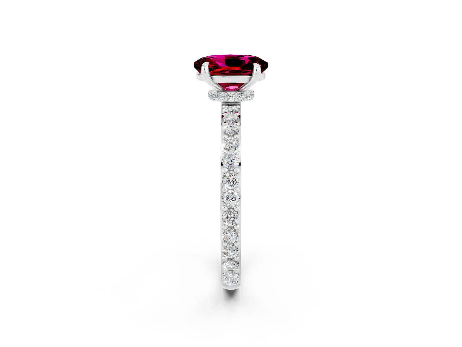 Oval Cut Garnet Solitaire Engagement Ring with Pavé Band and Four-Prong Setting Platinum