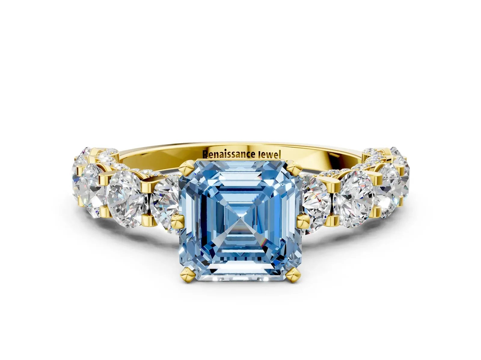 Fancy Blue Asscher Cut Diamond Side Stone Engagement Ring with Four-Prong Setting Yellow gold