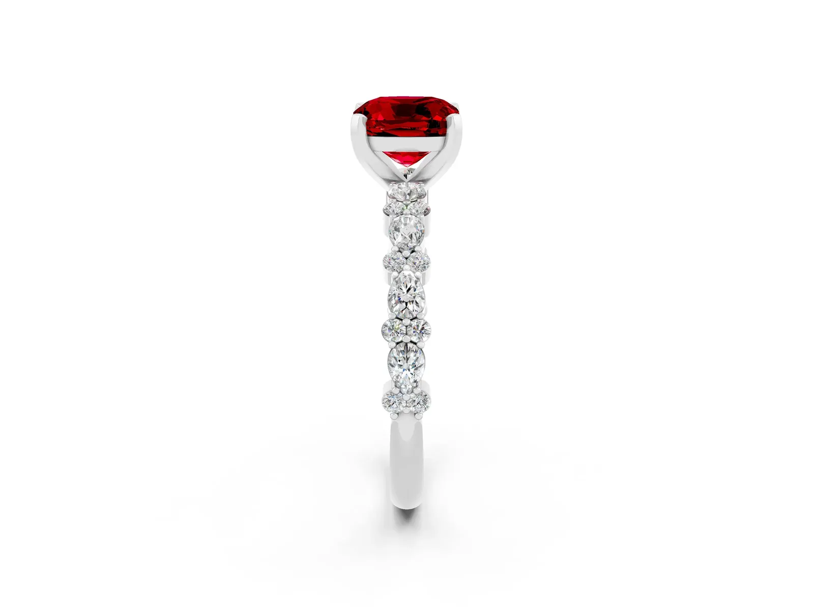 Cushion Cut Ruby Side Stone Solitaire Ring with Round and Four-Prong Setting Platinum