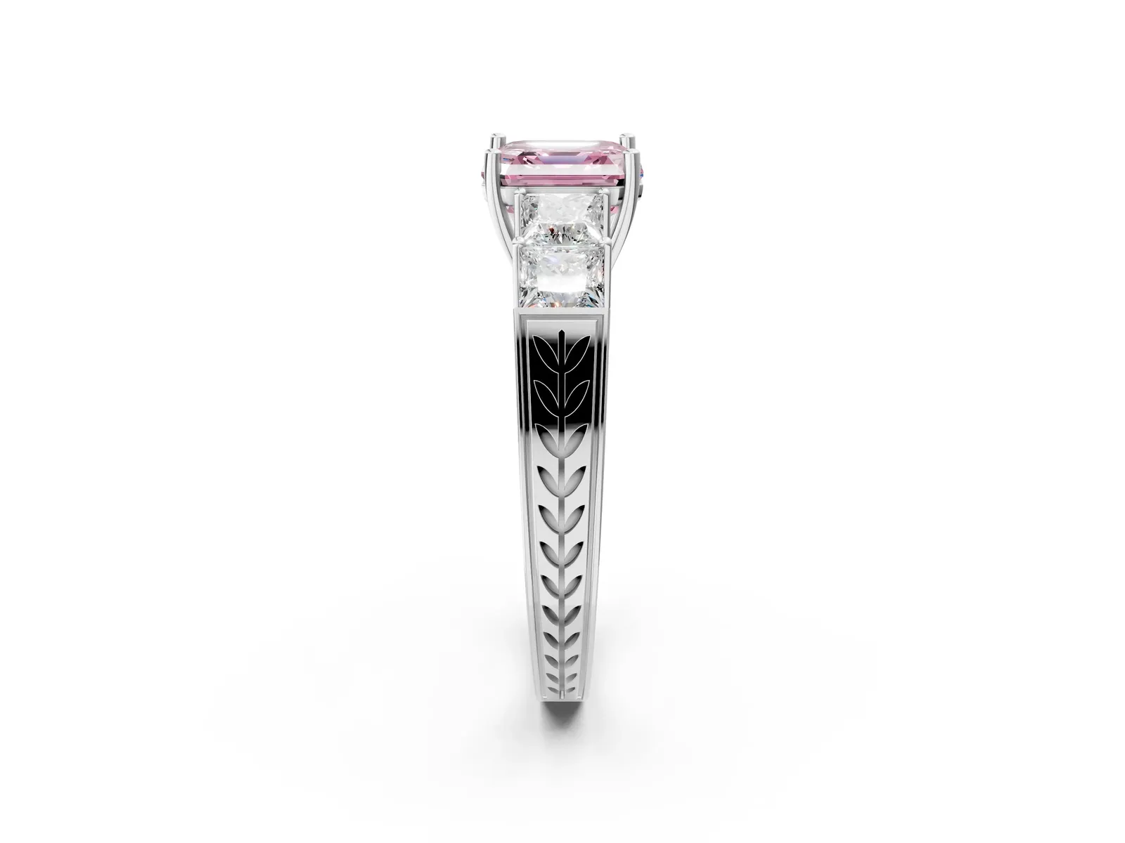 Fancy Pink Asscher Cut Solitaire Princess Side Stone Engraved Band Prong Setting Ring Platinum
