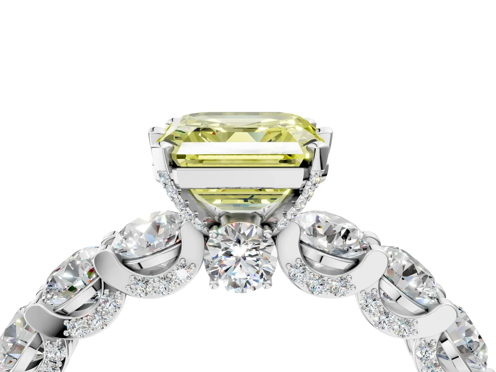 Fancy Yellow Asscher Cut Diamond Side Stone Engagement Ring with Four-Prong Setting Platinum