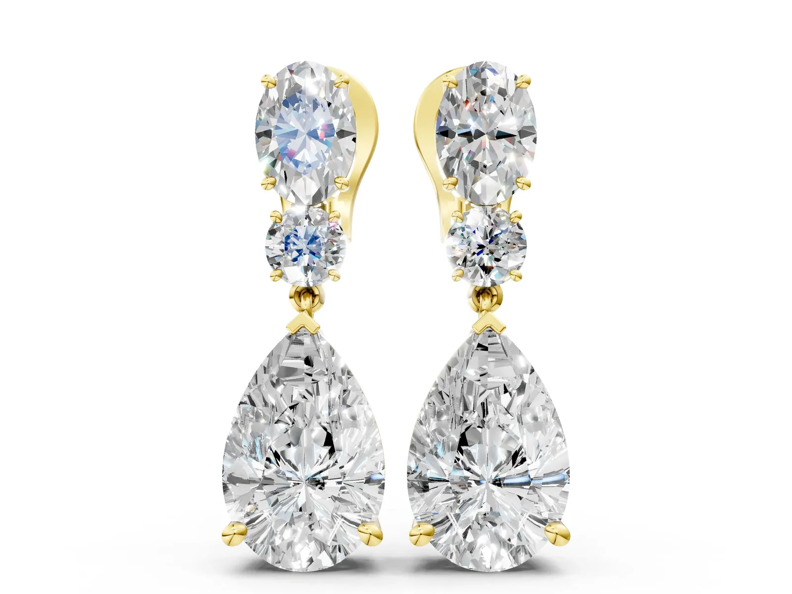 Oval, Round and Pear Diamond Huggie Drop Earrings Yellow gold