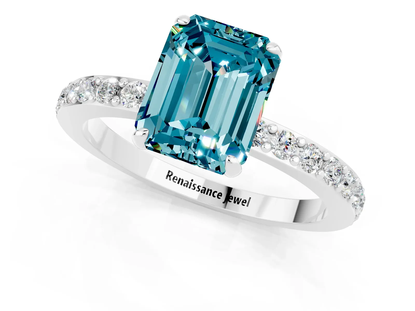 Emerald Cut Blue Topaz Solitaire Engagement Ring with Pavé Band and Four-Prong Setting Platinum