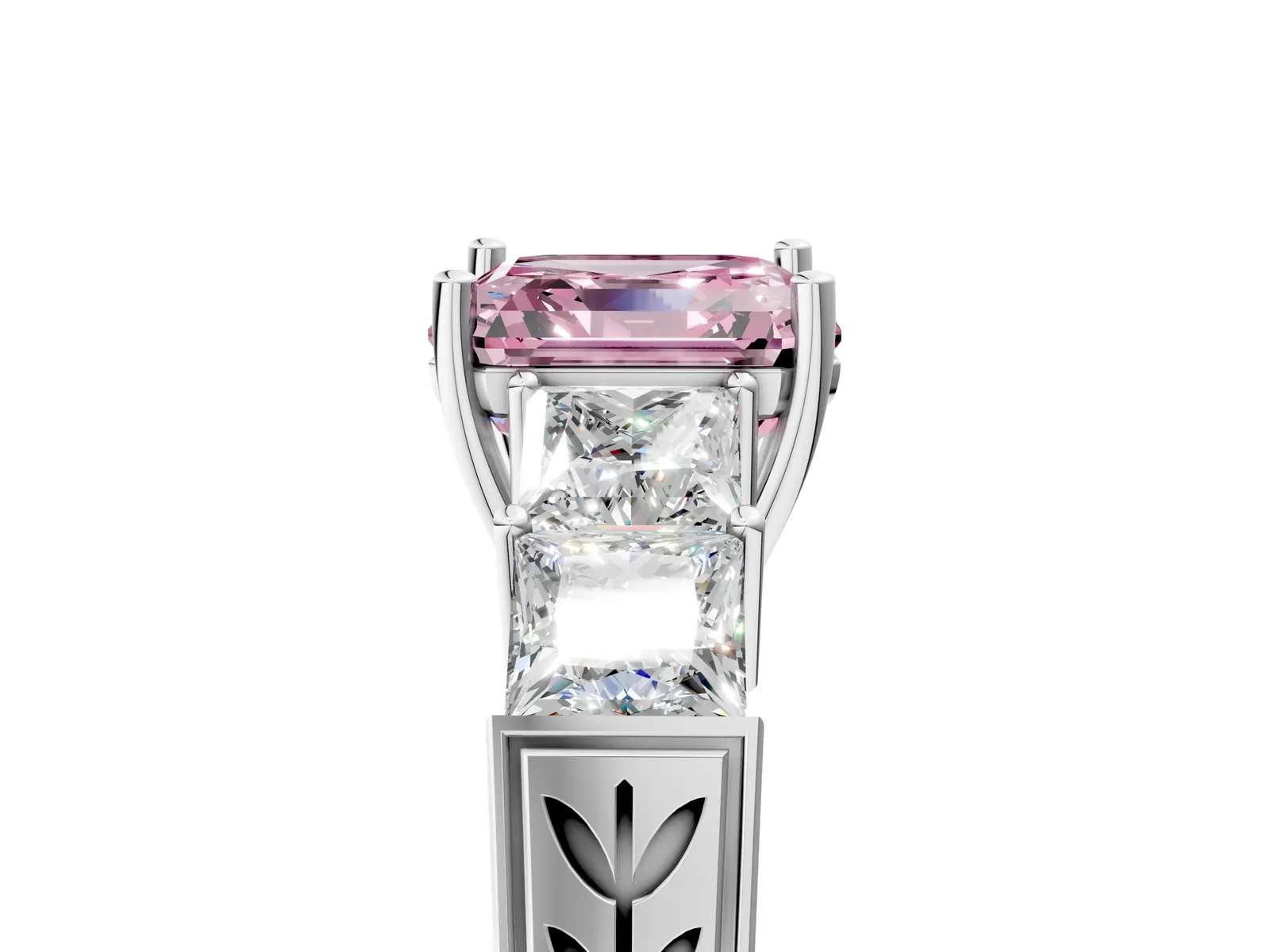 Fancy Pink Asscher Cut Solitaire Princess Side Stone Engraved Band Prong Setting Ring Platinum