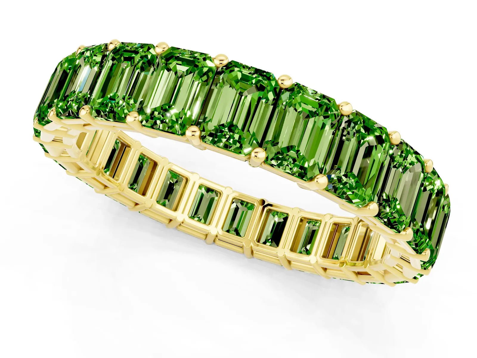 Emerald Cut Peridot Eternity Band with Shared Prong Setting Yellow gold