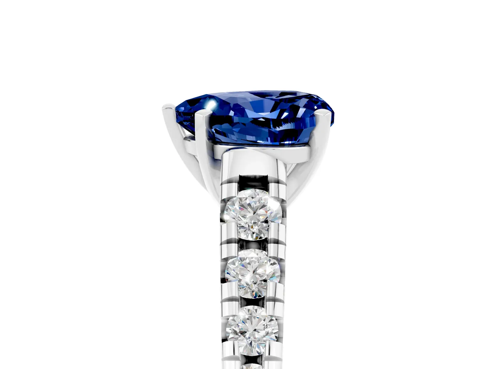 Heart Cut Blue Sapphire Cathedral Solitaire Ring with Round Pavé Band Platinum