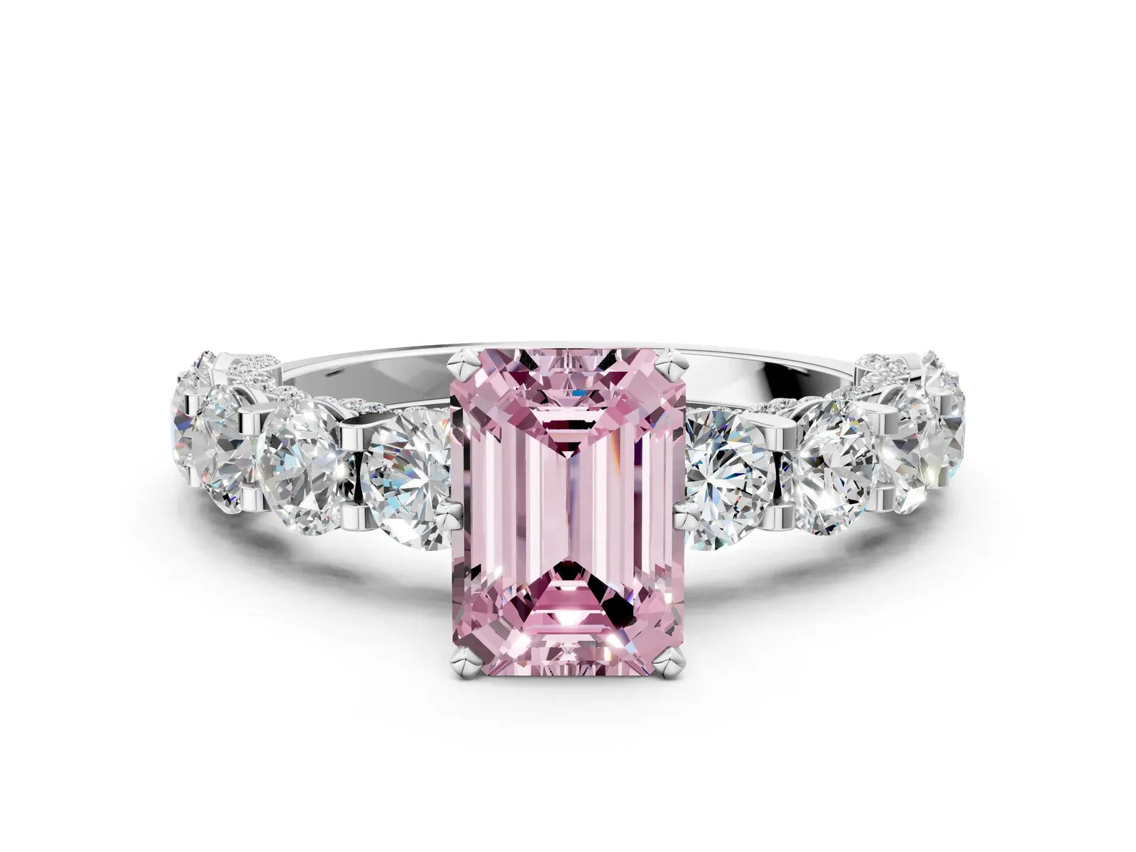 Fancy Pink Emerald Cut Diamond Side Stone Engagement Ring with Four-Prong Setting Silver