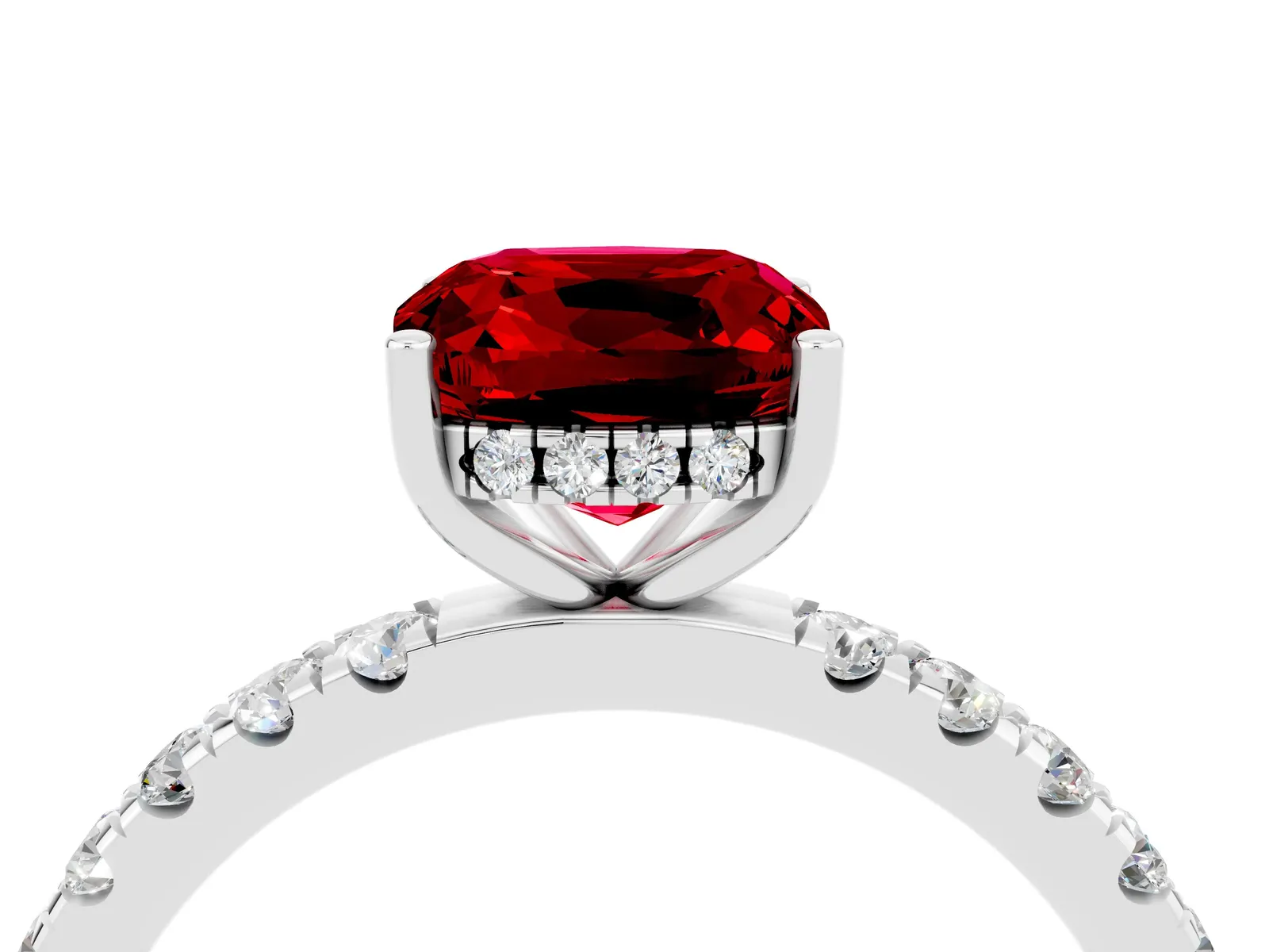 Cushion Cut Ruby Pave Band Solitaire Ring with Round and Prong Setting Platinum