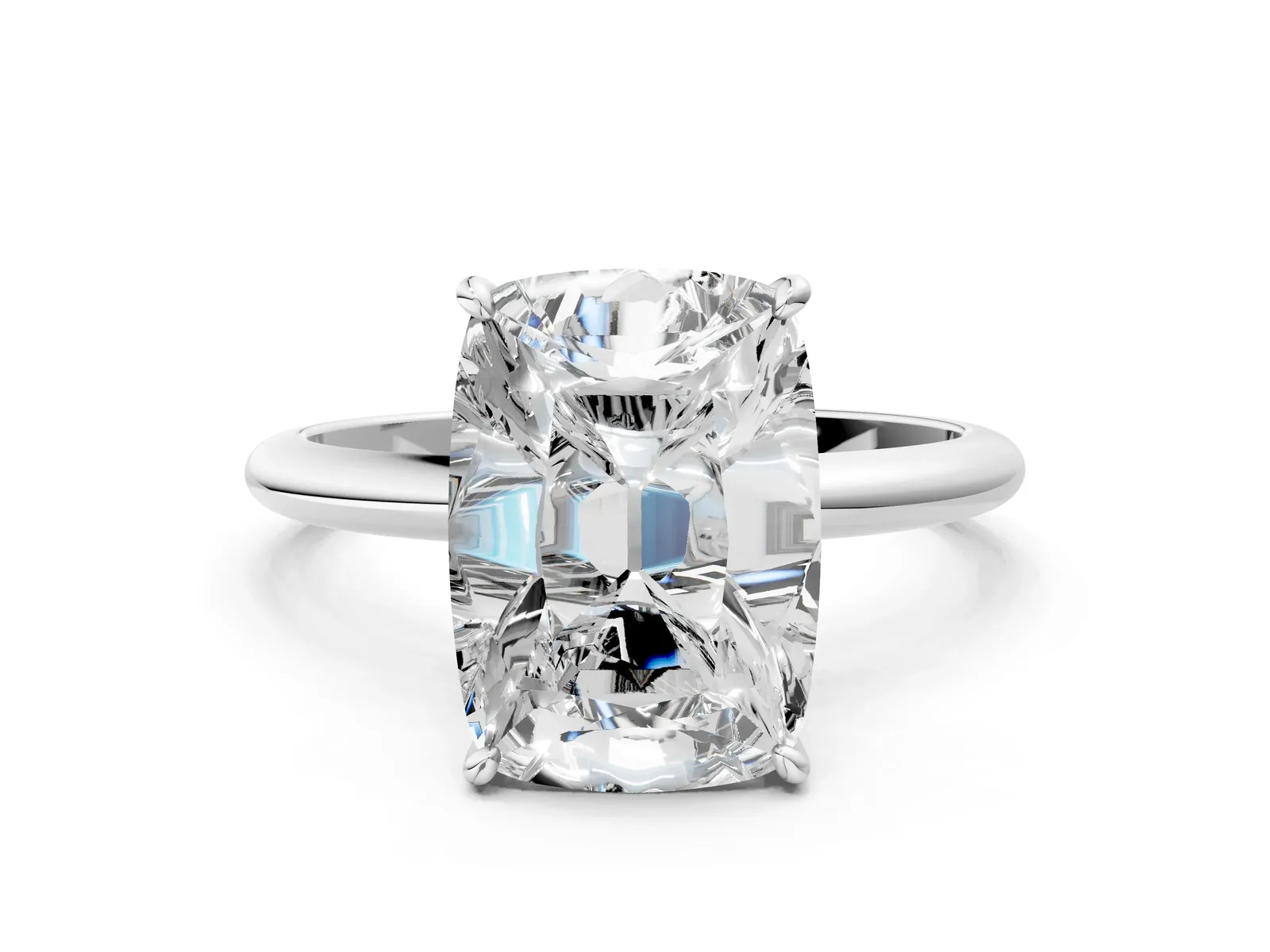 Old Mine Elongated Cushion Diamond Classic Band Four Prong Solitaire Ring White gold