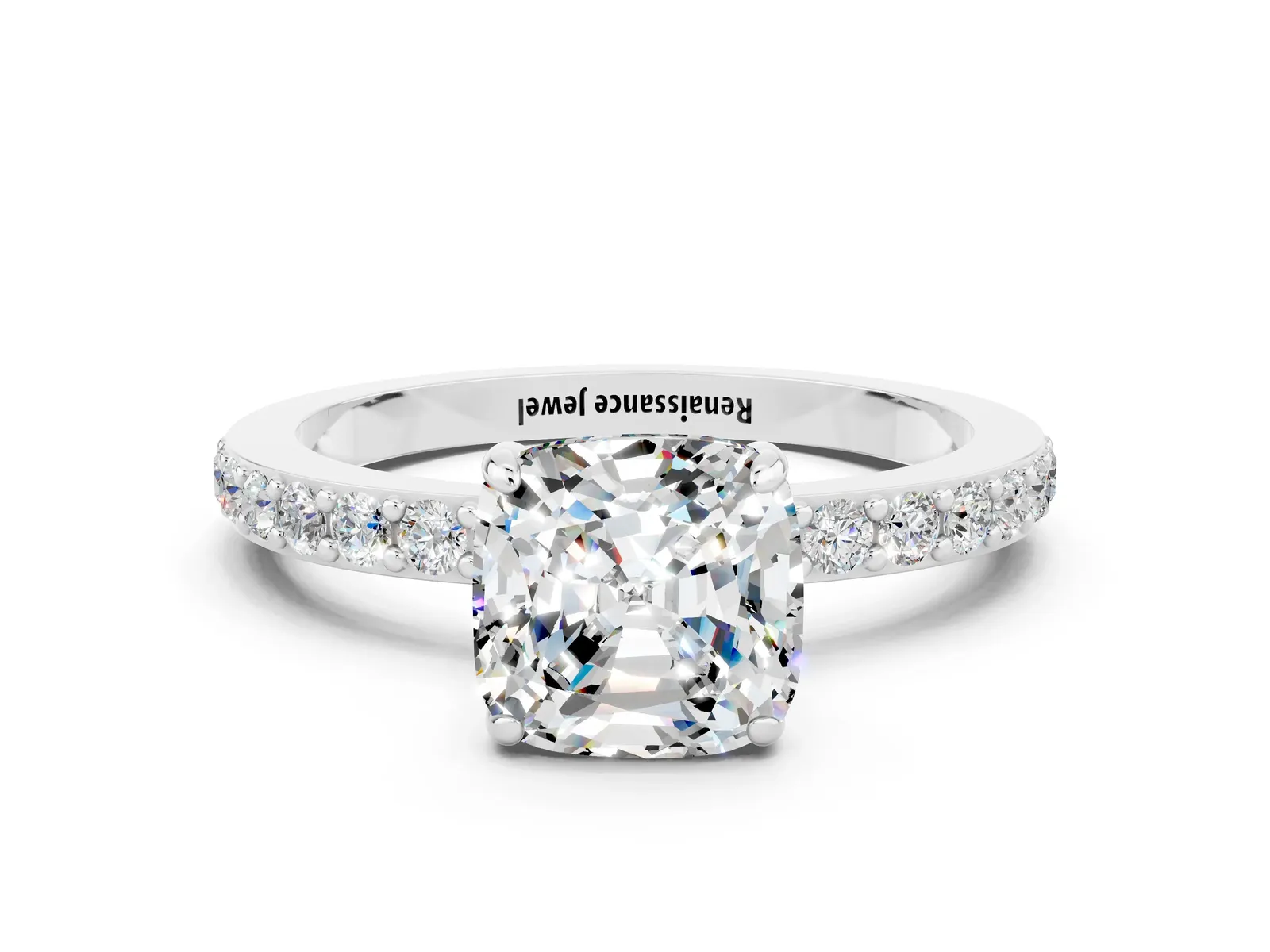 Cushion Cut Moissanite Solitaire Engagement Ring with Pavé Band and Four-Prong Setting Platinum
