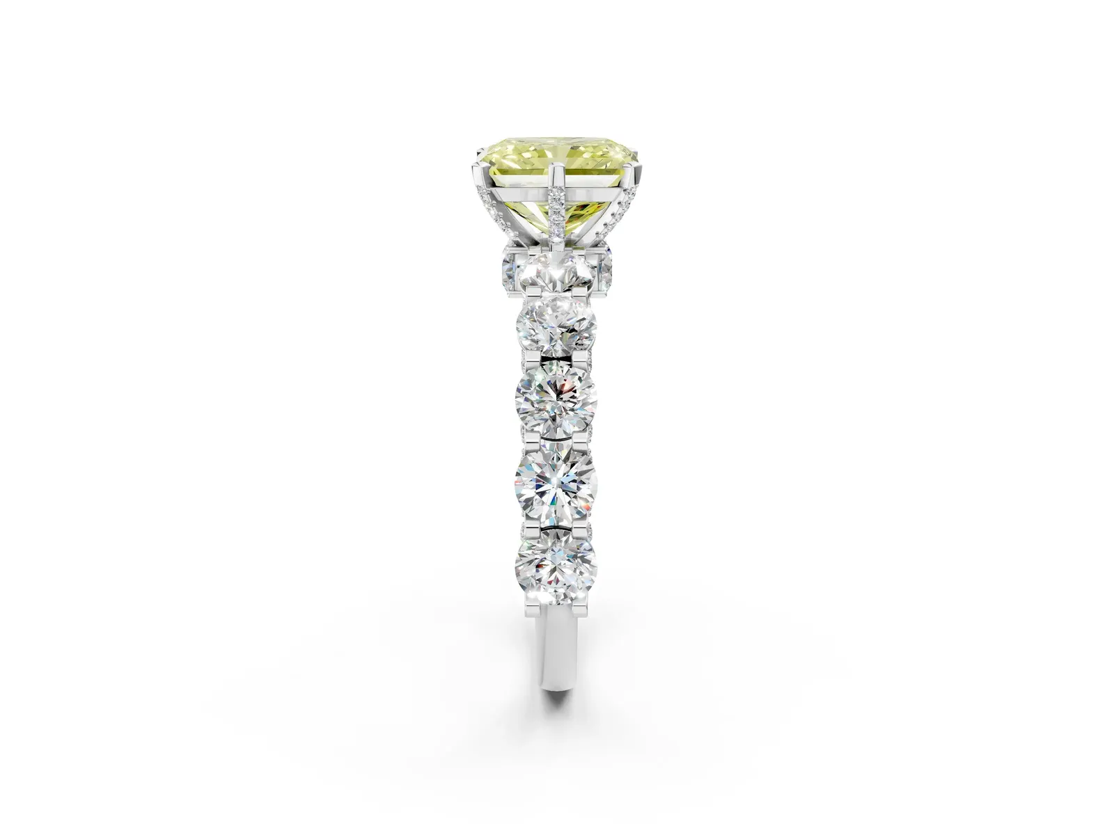 Fancy Yellow Radiant Cut Diamond Side Stone Engagement Ring with Four-Prong Setting Platinum