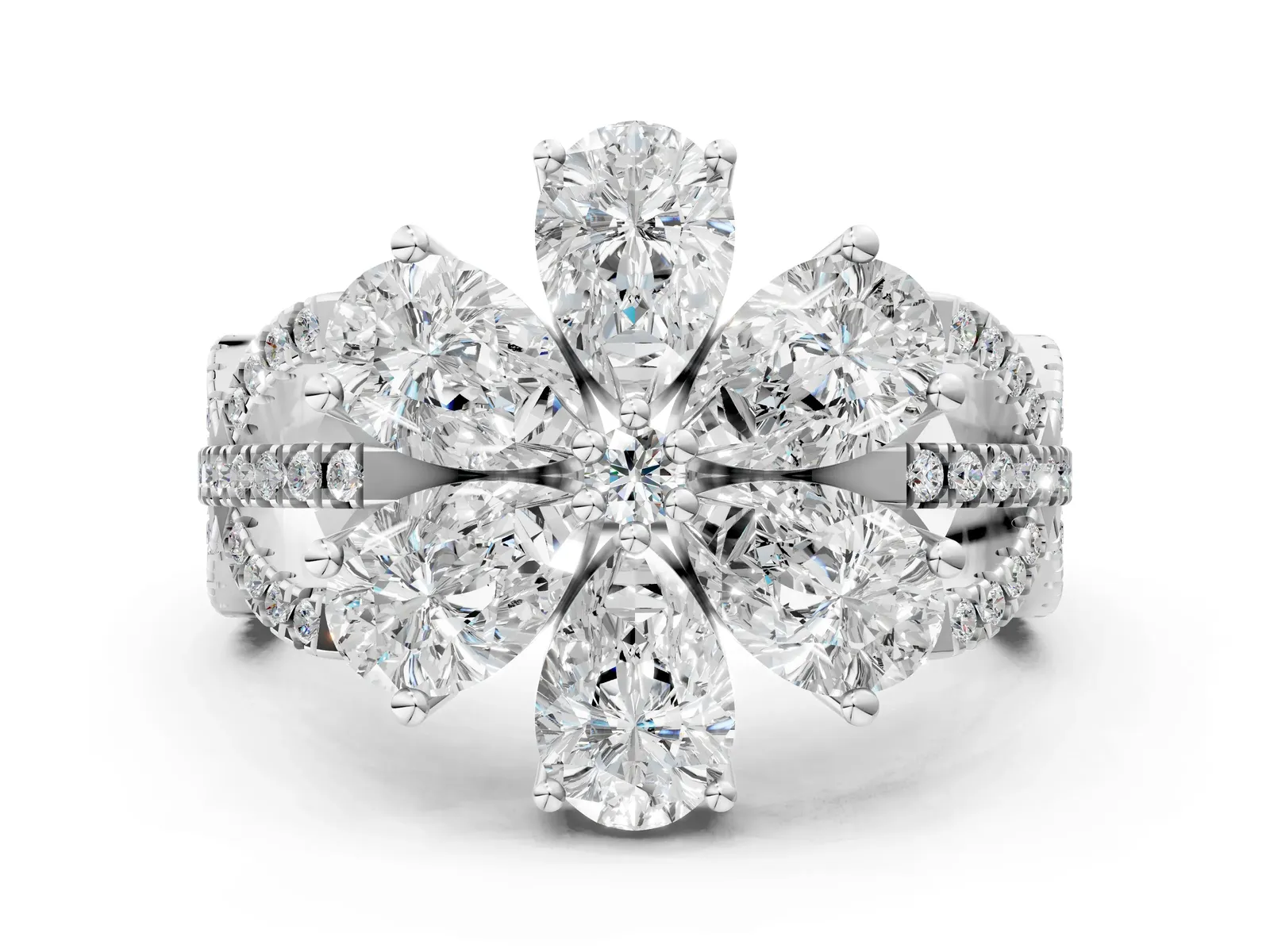 Pear Diamond Floral Ring with Round Diamond Accents White gold