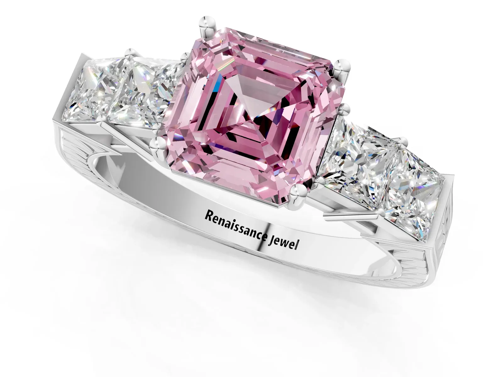 Fancy Pink Asscher Cut Solitaire Princess Side Stone Engraved Band Prong Setting Ring Platinum