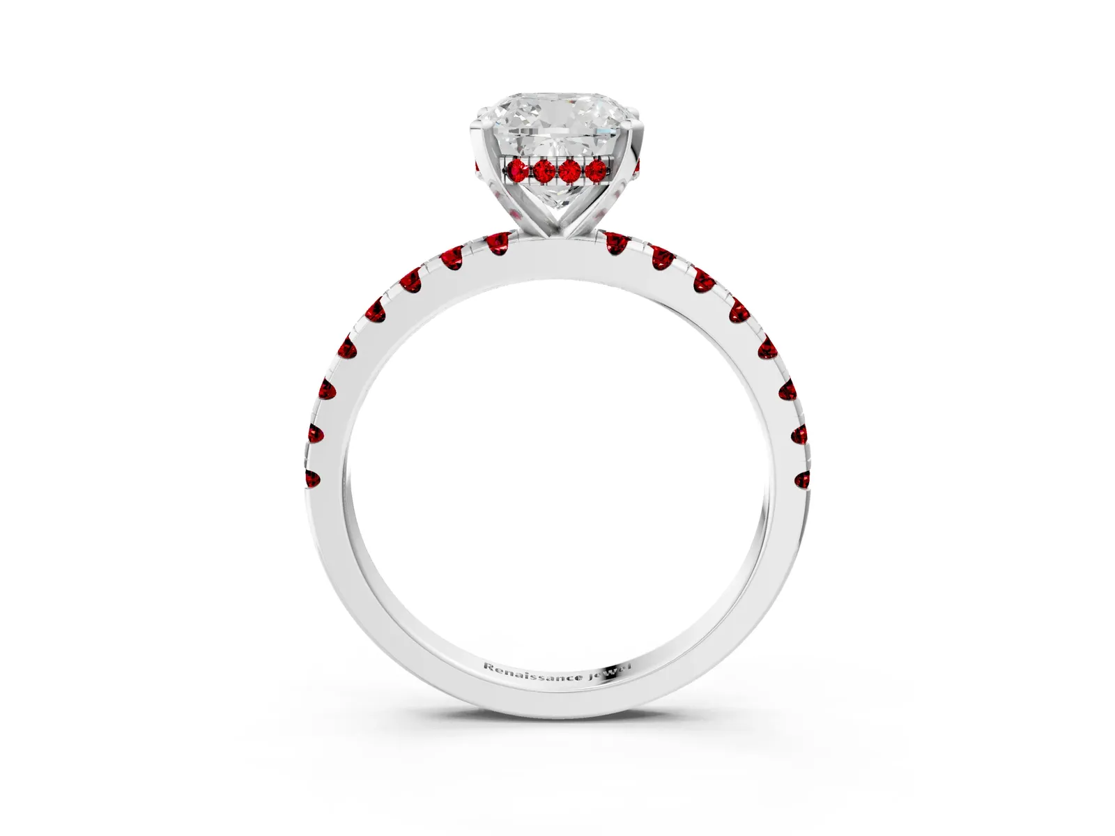 Cushion Cut Diamond Solitaire Ring with Round Ruby Pavé Band and Four-Prong Setting Platinum