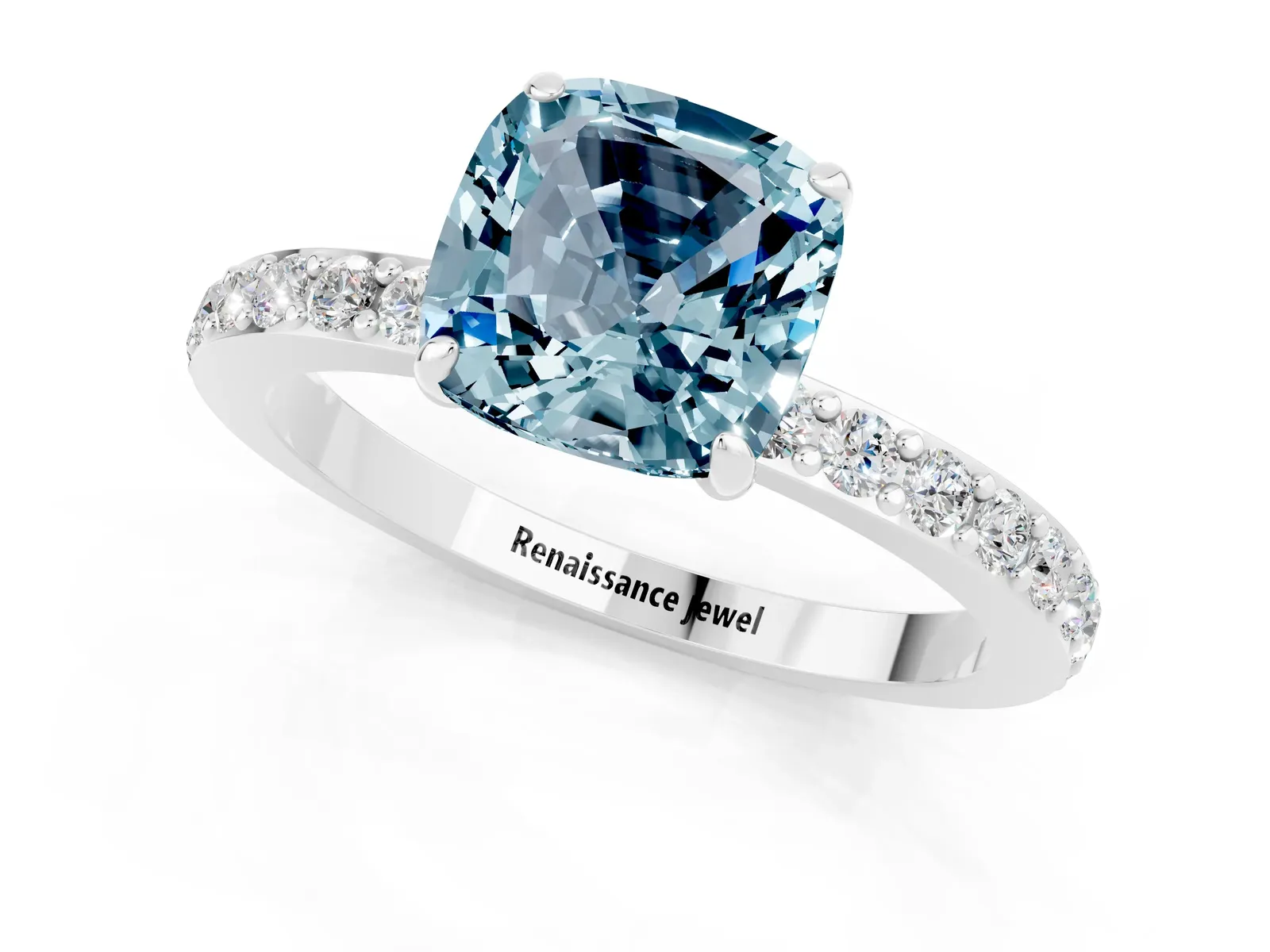 Cushion Cut Aquamarine Solitaire Engagement Ring with Pavé Band and Four-Prong Setting Platinum