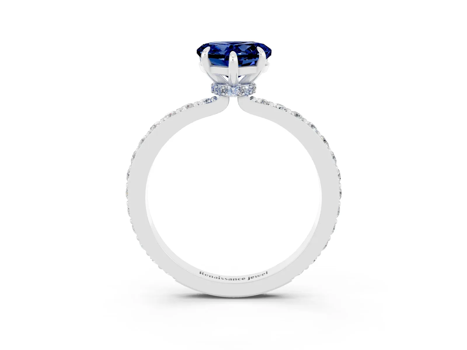 Heart Cut Blue Sapphire Solitaire Engagement Ring with Pavé Band and Four-Prong Setting Platinum
