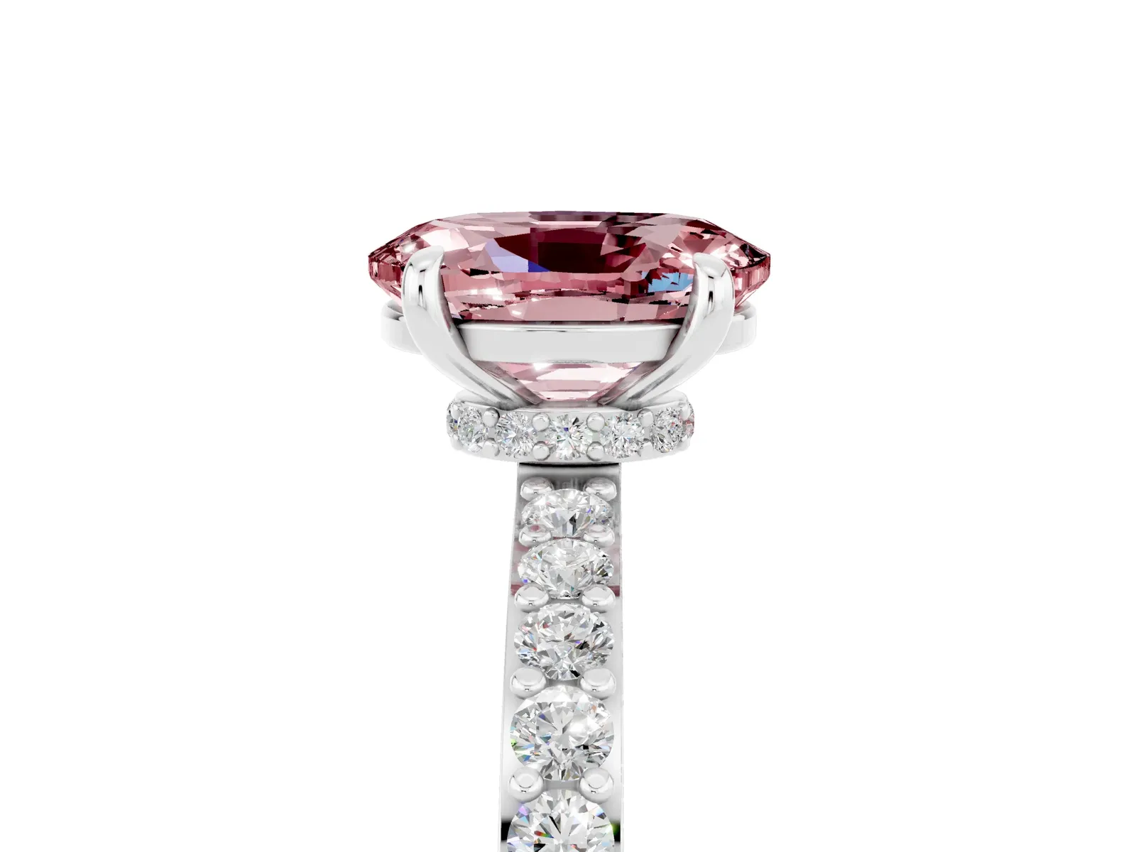 Oval Cut Morganite Solitaire Engagement Ring with Pavé Band and Four-Prong Setting Platinum