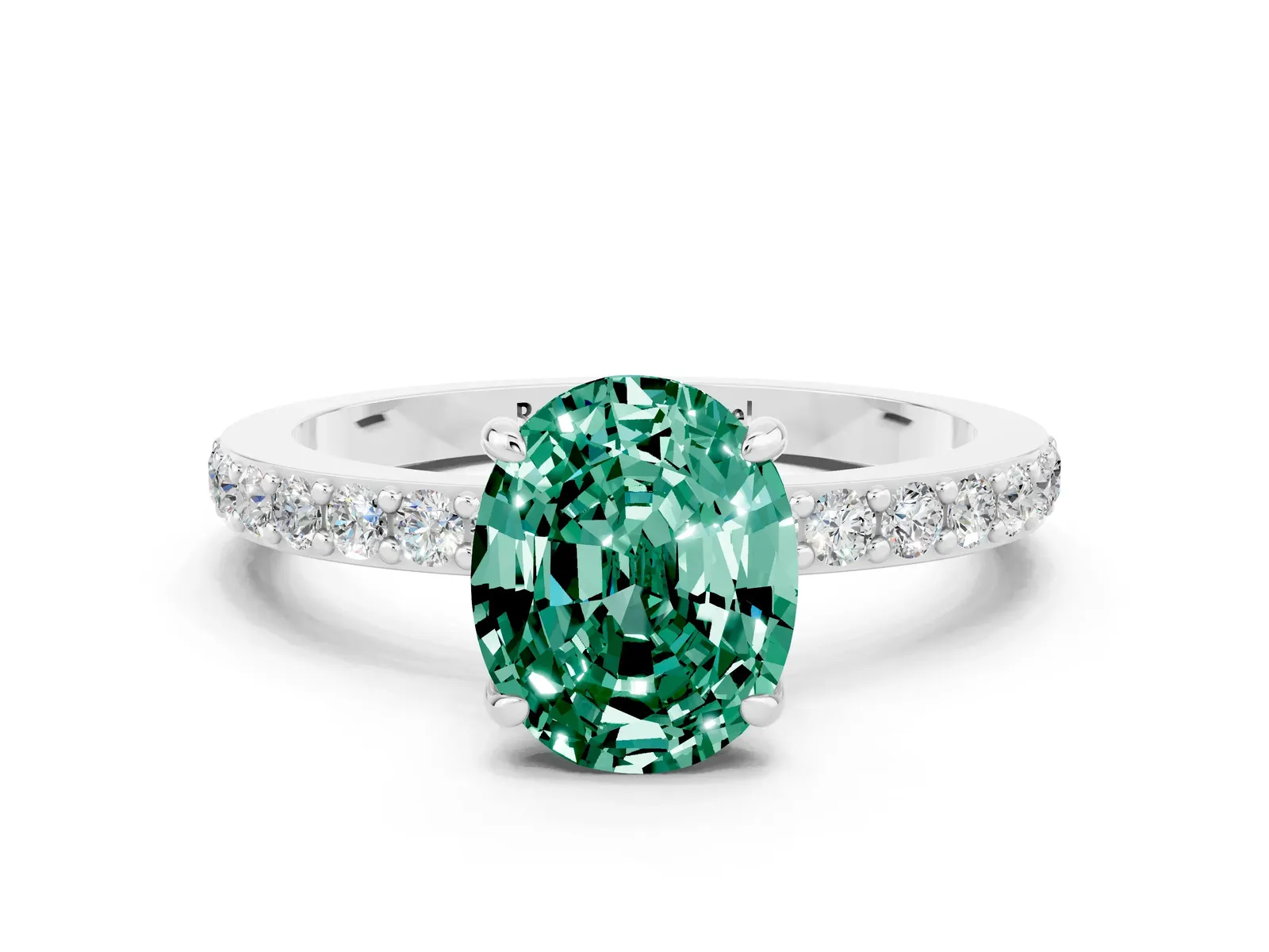 Oval Cut Green Sapphire Solitaire Engagement Ring with Pavé Band and Four-Prong Setting Platinum