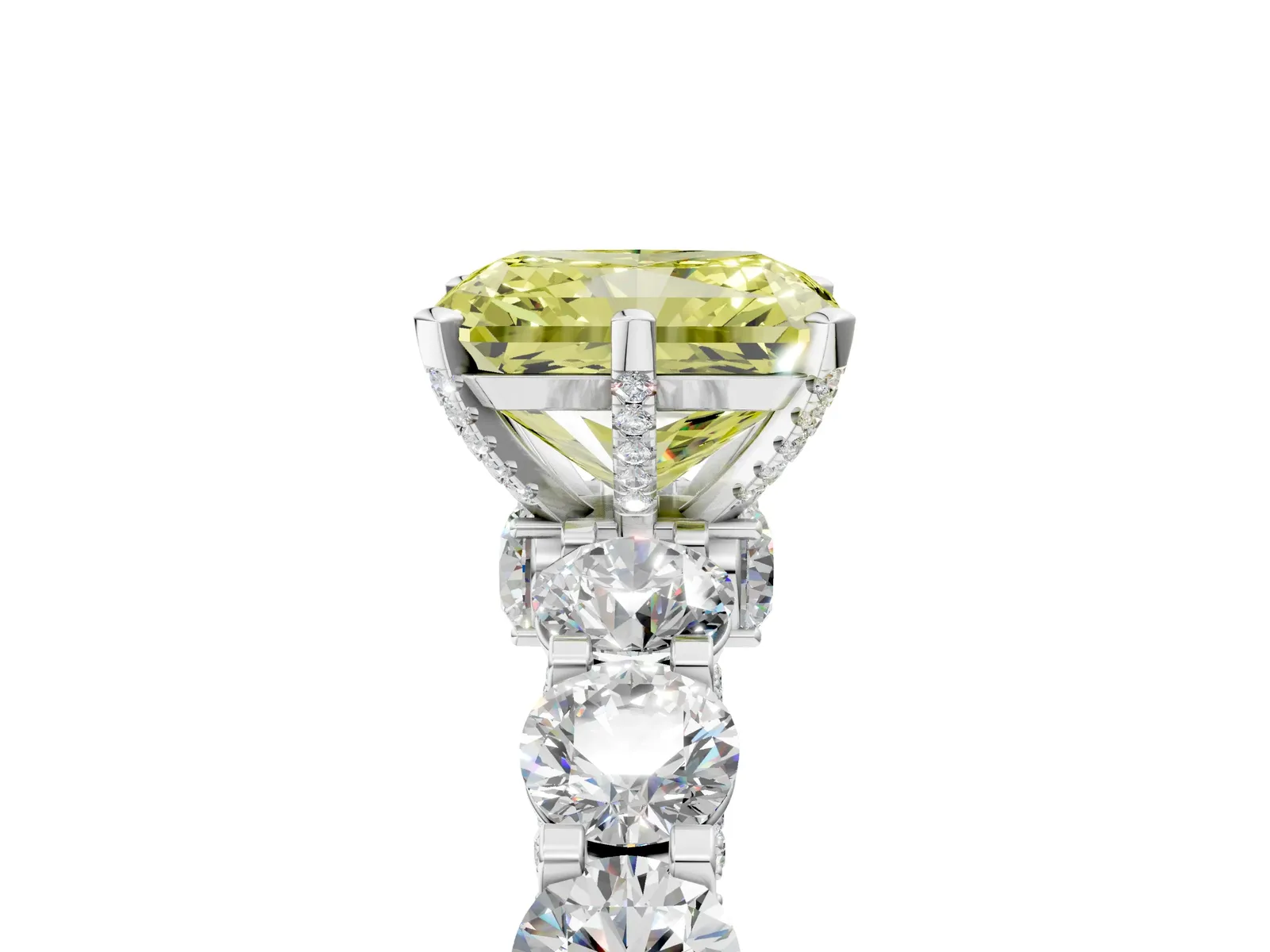 Fancy Yellow Radiant Cut Diamond Side Stone Engagement Ring with Four-Prong Setting Platinum