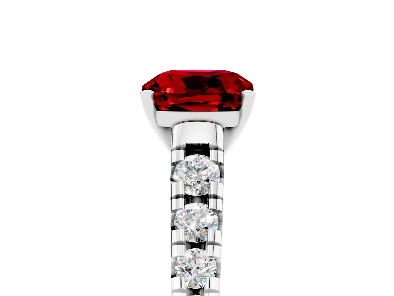 Cushion Cut Ruby Cathedral Solitaire Ring with Round Pavé Band Platinum
