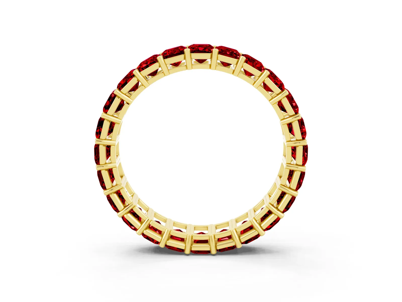 Emerald Cut Ruby Eternity Band with Shared Prong Setting Yellow gold