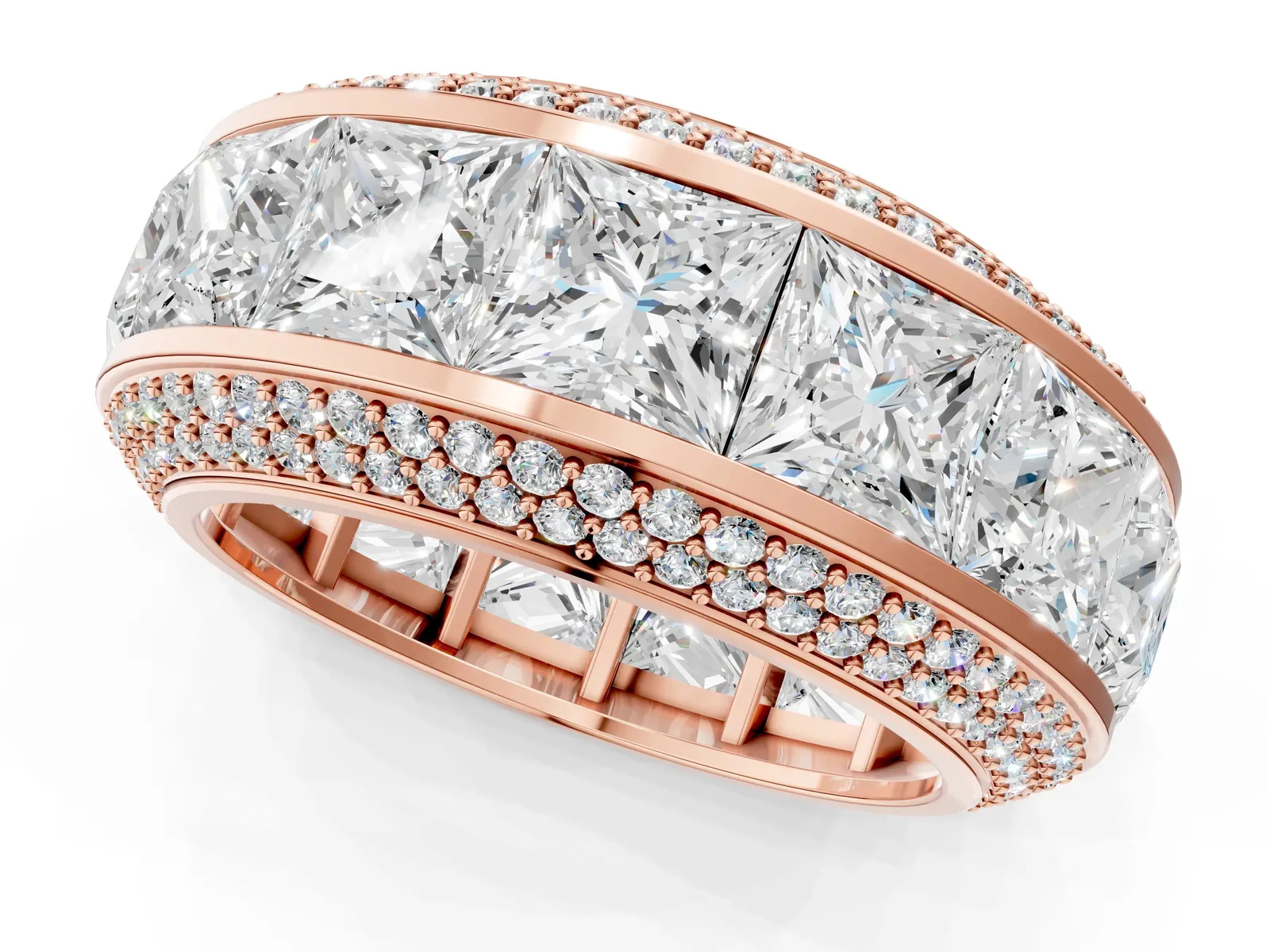 Princess Diamond Pavé Mens Wedding Band with Round Diamond Accents Rose gold