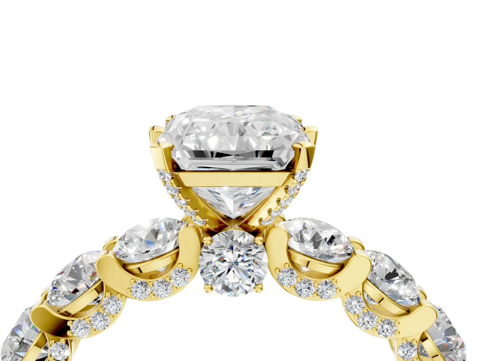 Radiant Cut Diamond Side Stone Engagement Ring with Four-Prong Setting Yellow gold