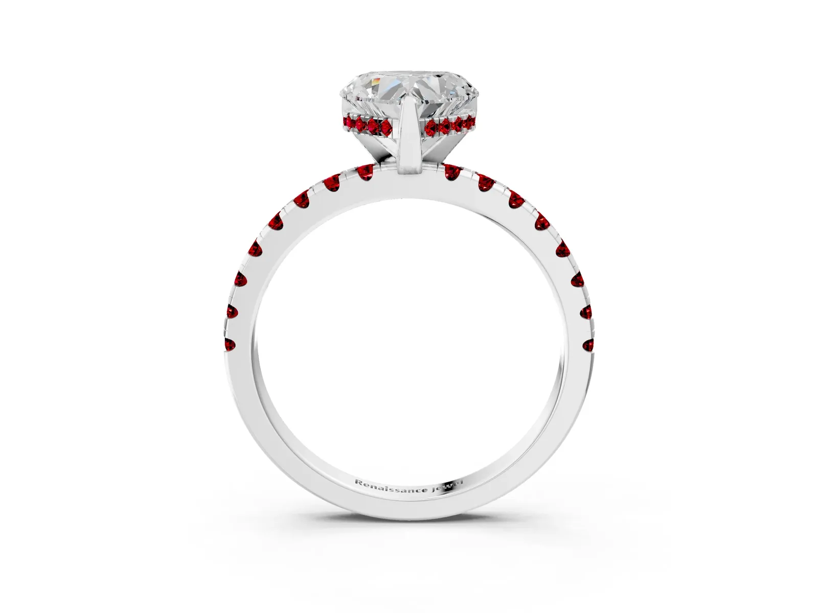 Heart Cut Diamond Solitaire Ring with Round Ruby Pavé Band and Four-Prong Setting Platinum
