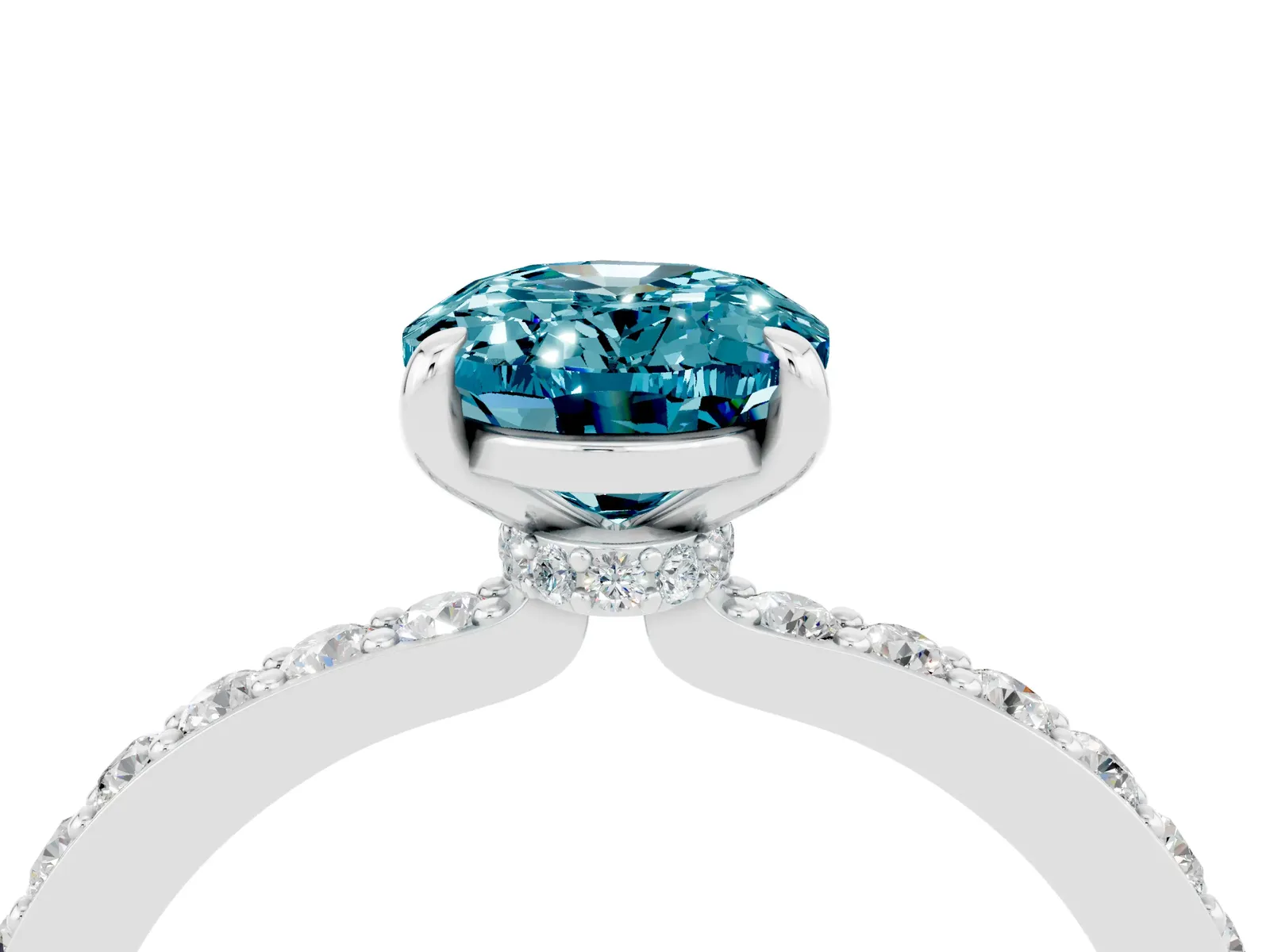 Oval Cut Blue Topaz Solitaire Engagement Ring with Pavé Band and Four-Prong Setting Platinum