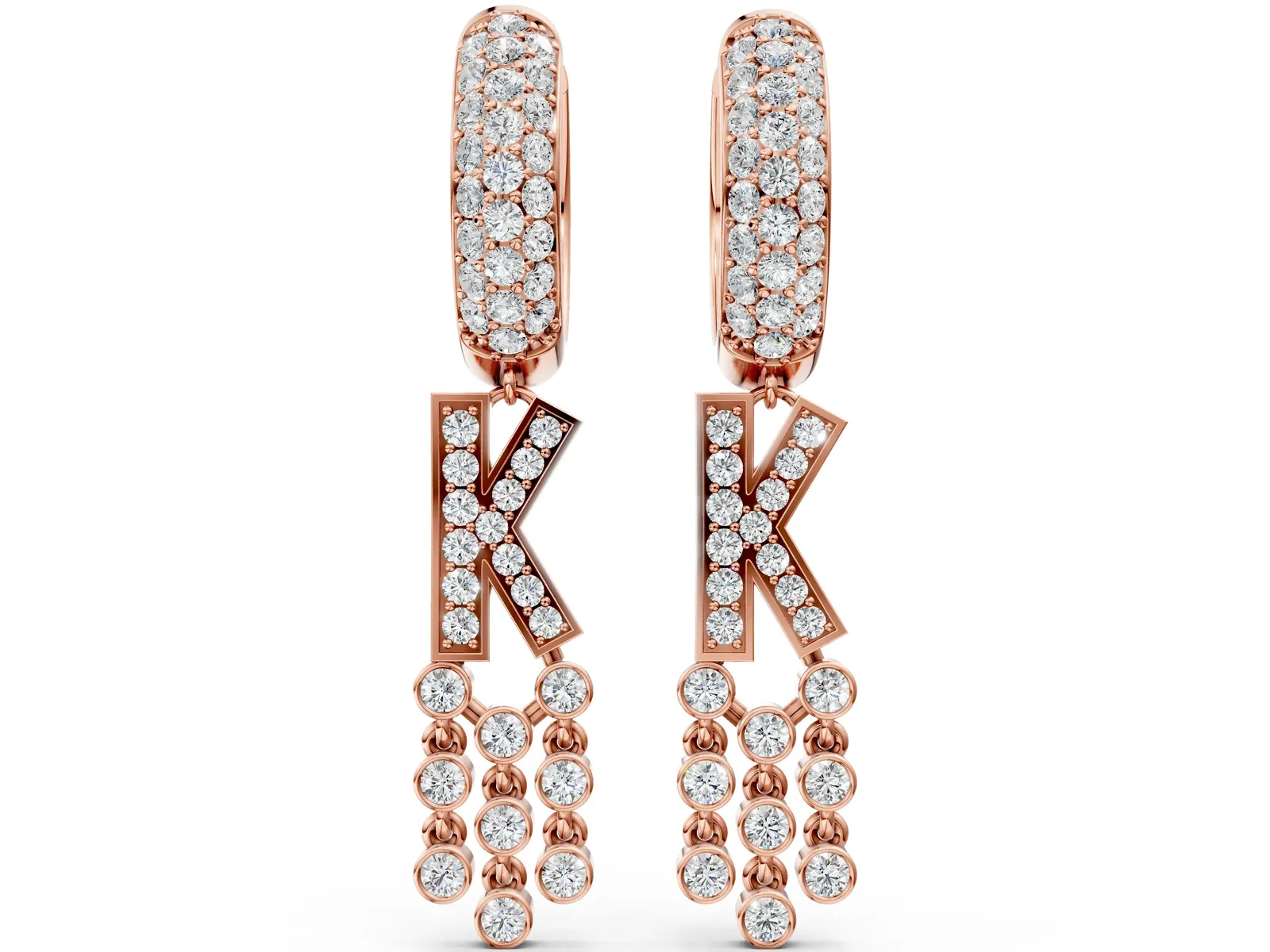Round Diamond Initial K Huggie Hoop Earrings Rose gold