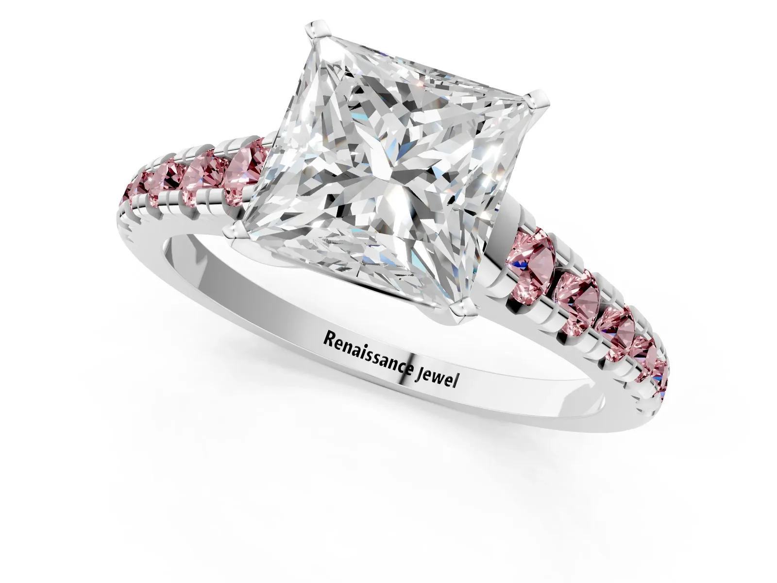 Princess Cut Diamond Cathedral Solitaire Ring with Round Morganite Pavé Band Platinum