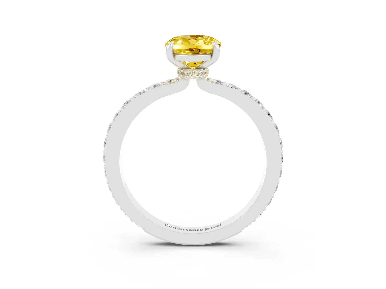 Oval Cut Yellow Sapphire Solitaire Engagement Ring with Pavé Band and Four-Prong Setting Platinum