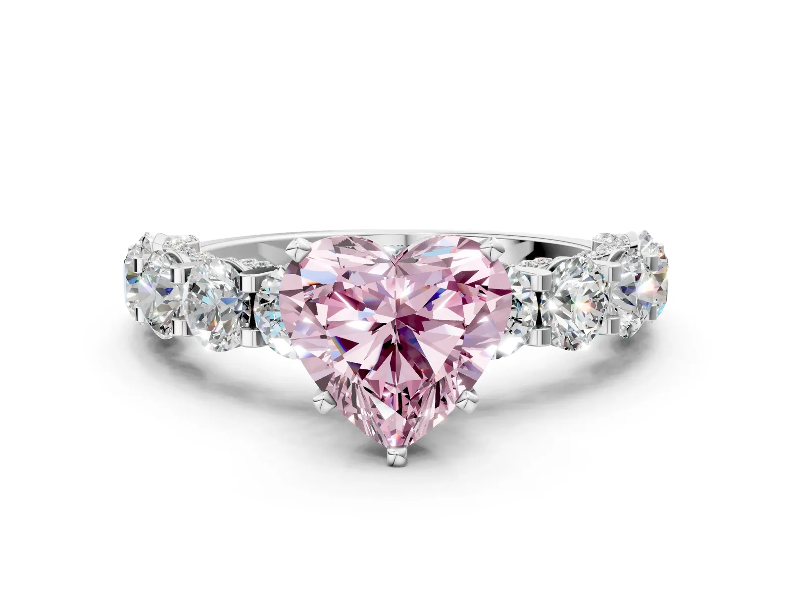 Fancy Pink Heart Cut Diamond Side Stone Engagement Ring with Four-Prong Setting Silver