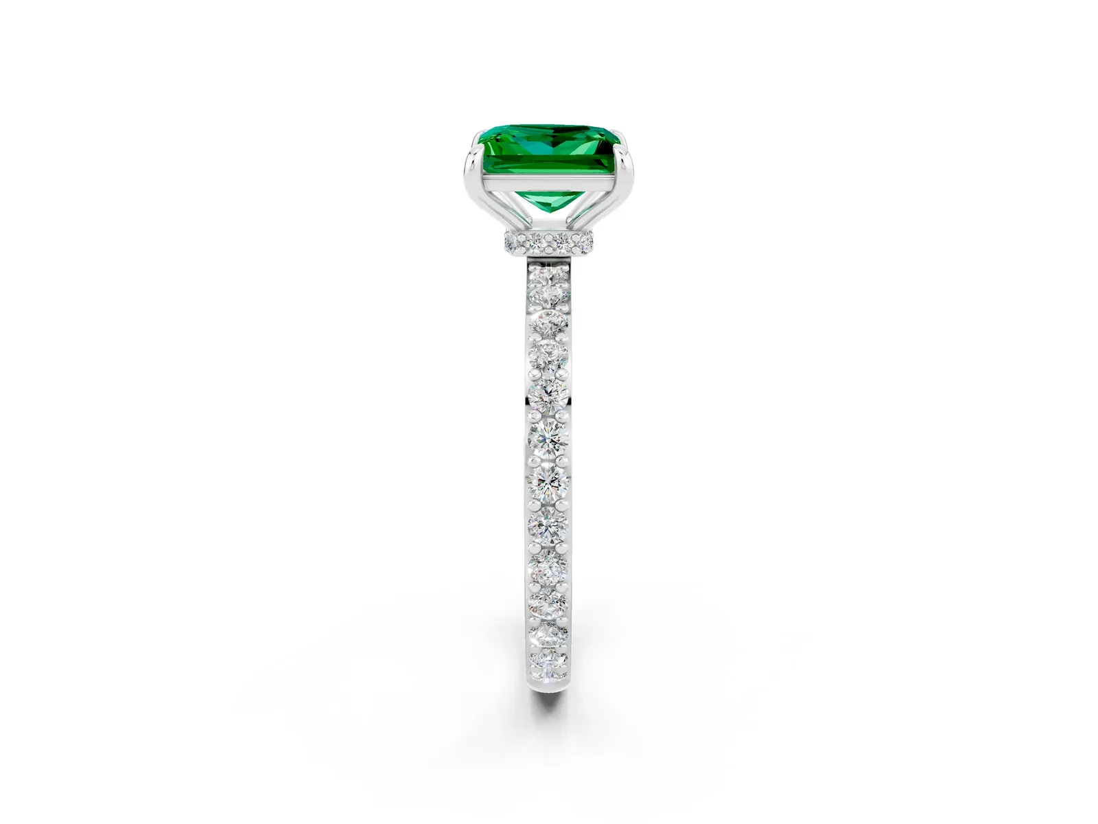 Princess Cut Emerald Solitaire Engagement Ring with Pavé Band and Four-Prong Setting Platinum