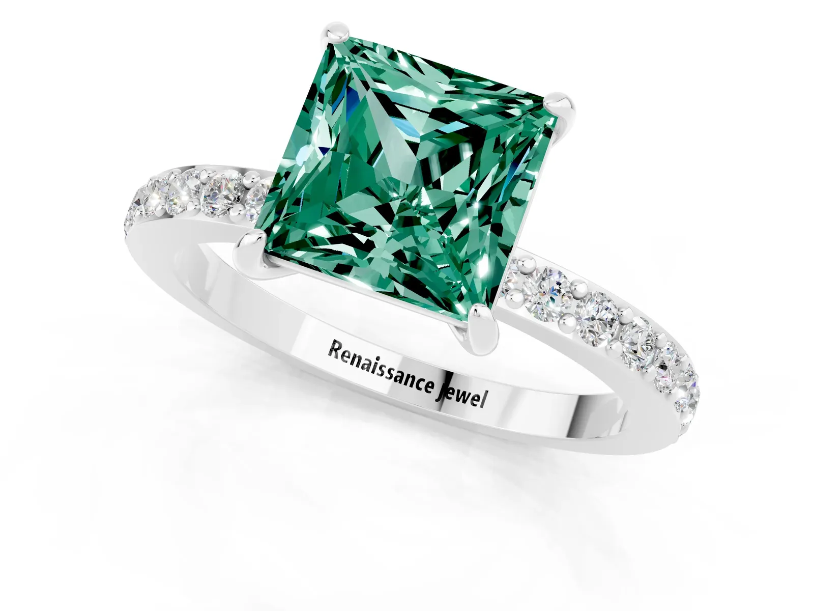 Princess Cut Green Sapphire Solitaire Engagement Ring with Pavé Band and Four-Prong Setting Platinum