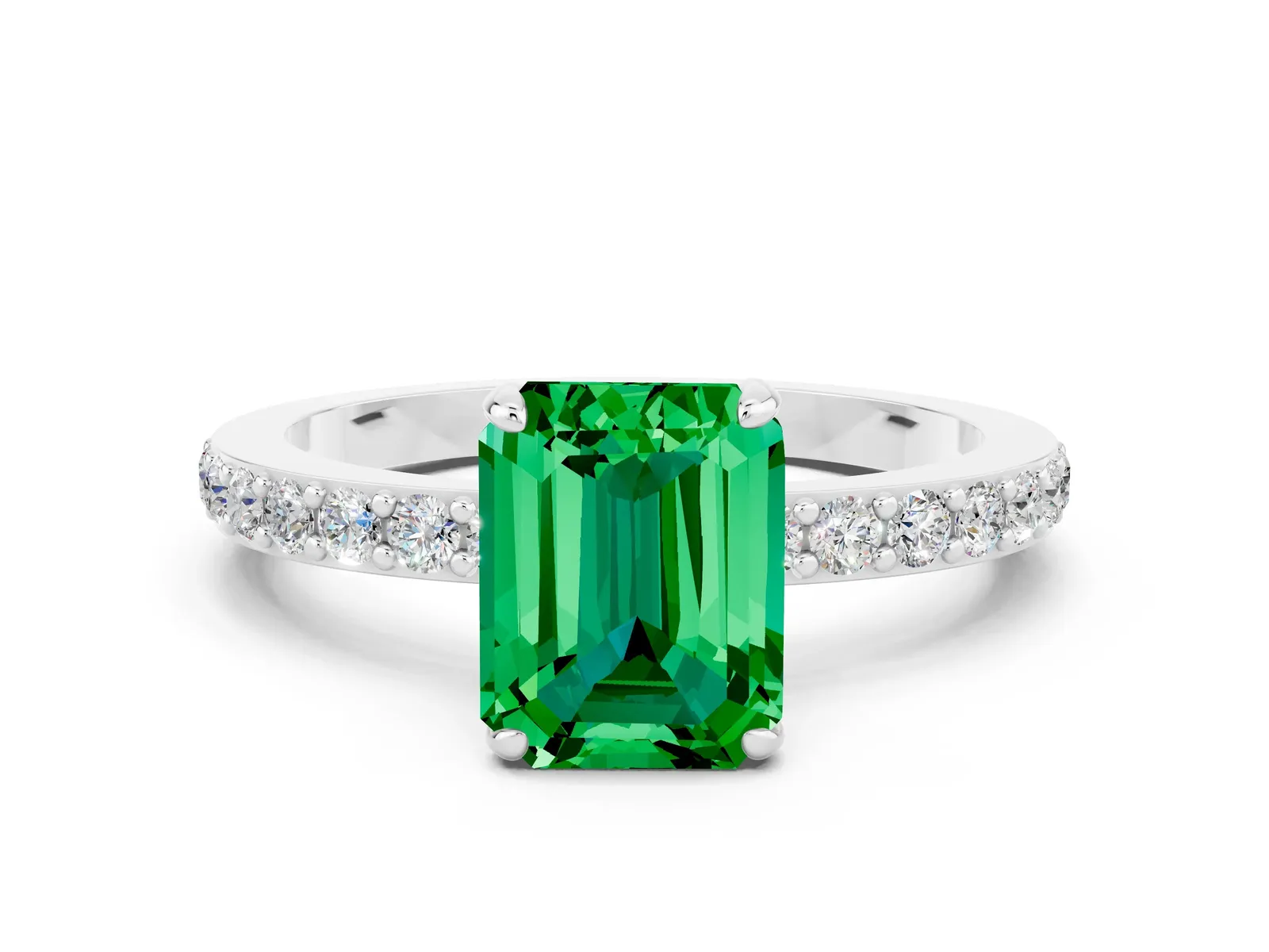 Emerald Cut Emerald Solitaire Engagement Ring with Pavé Band and Four-Prong Setting Platinum