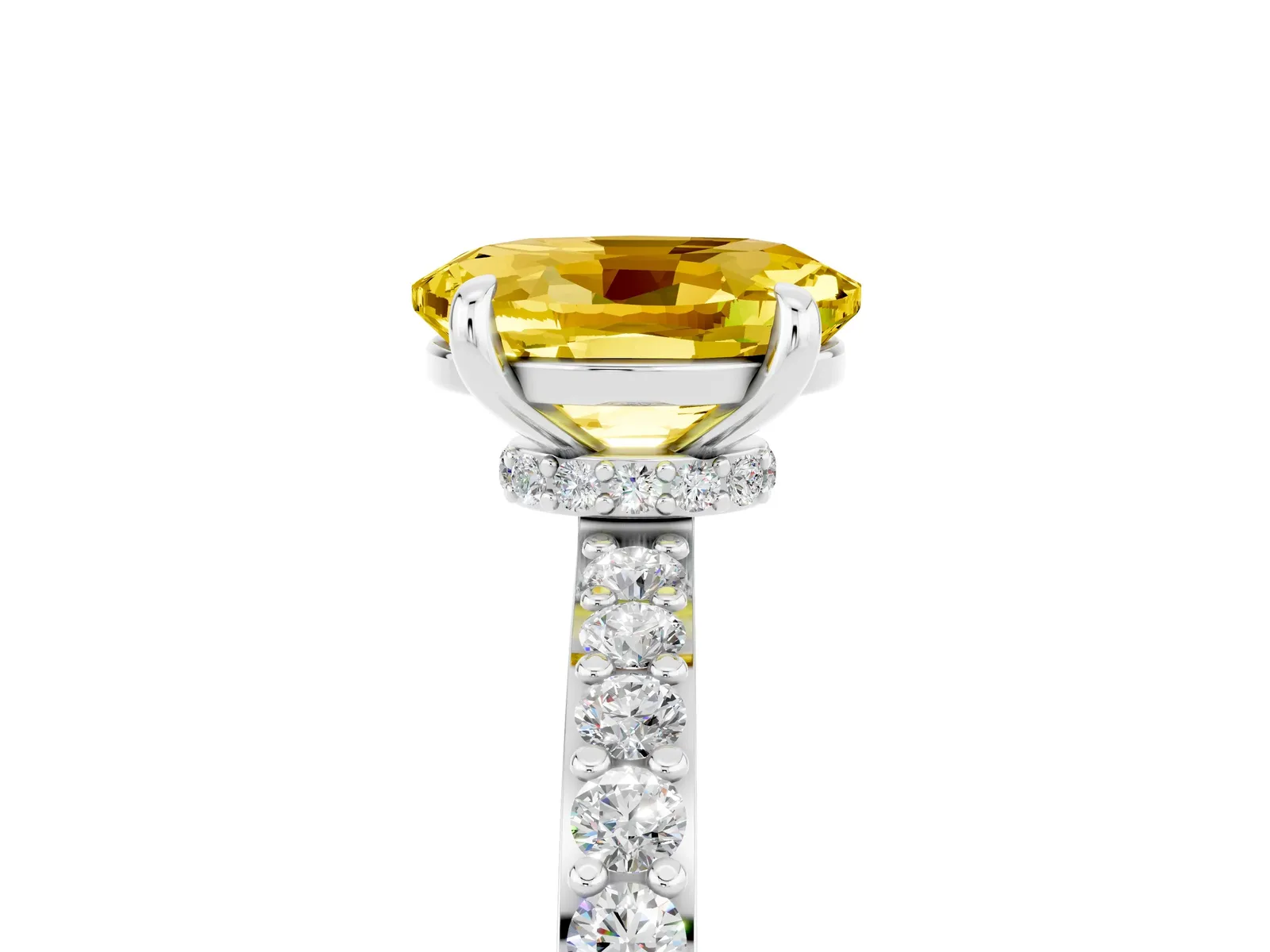 Oval Cut Yellow Sapphire Solitaire Engagement Ring with Pavé Band and Four-Prong Setting Platinum