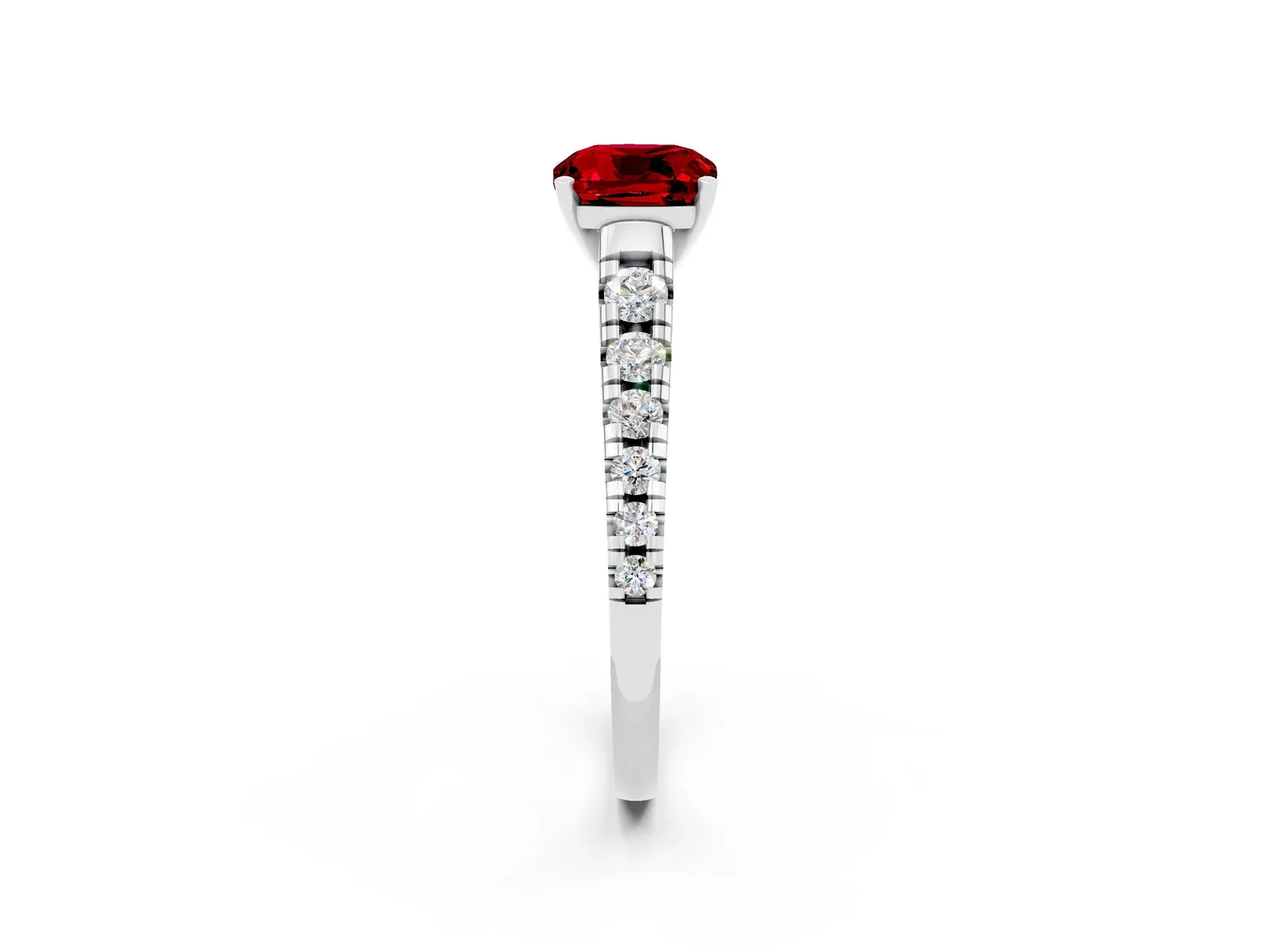 Cushion Cut Ruby Cathedral Solitaire Ring with Round Pavé Band Platinum
