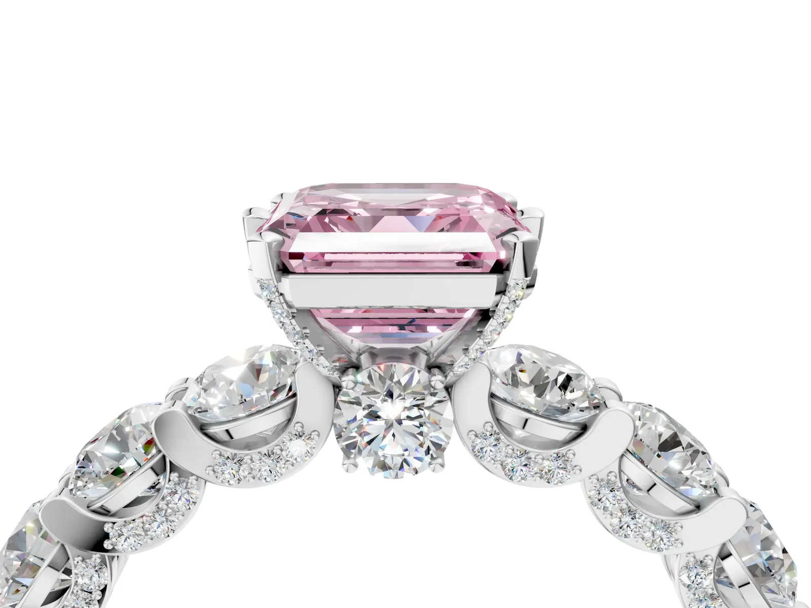 Fancy Pink Asscher Cut Diamond Side Stone Engagement Ring with Four-Prong Setting Platinum