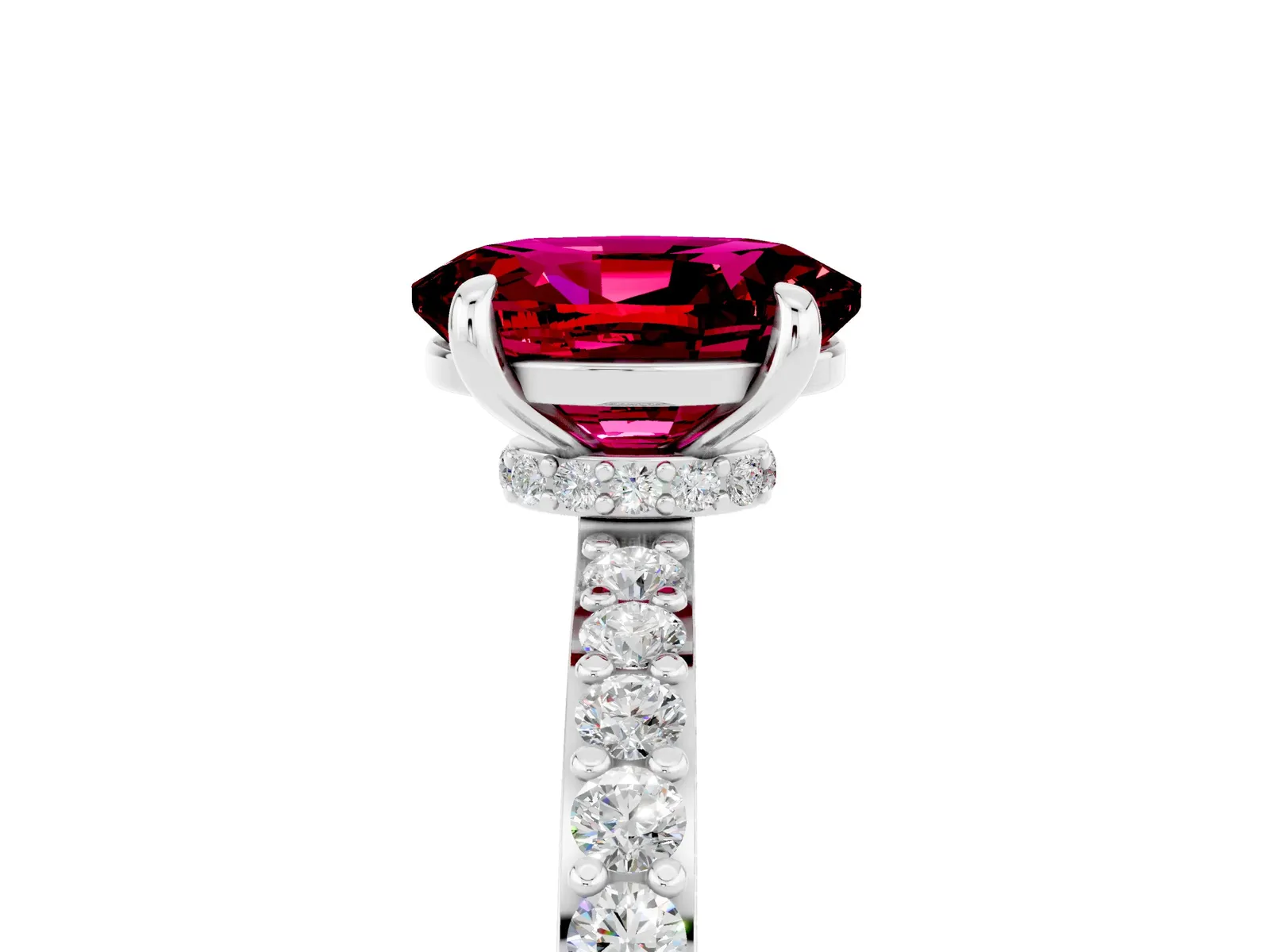 Oval Cut Garnet Solitaire Engagement Ring with Pavé Band and Four-Prong Setting Platinum