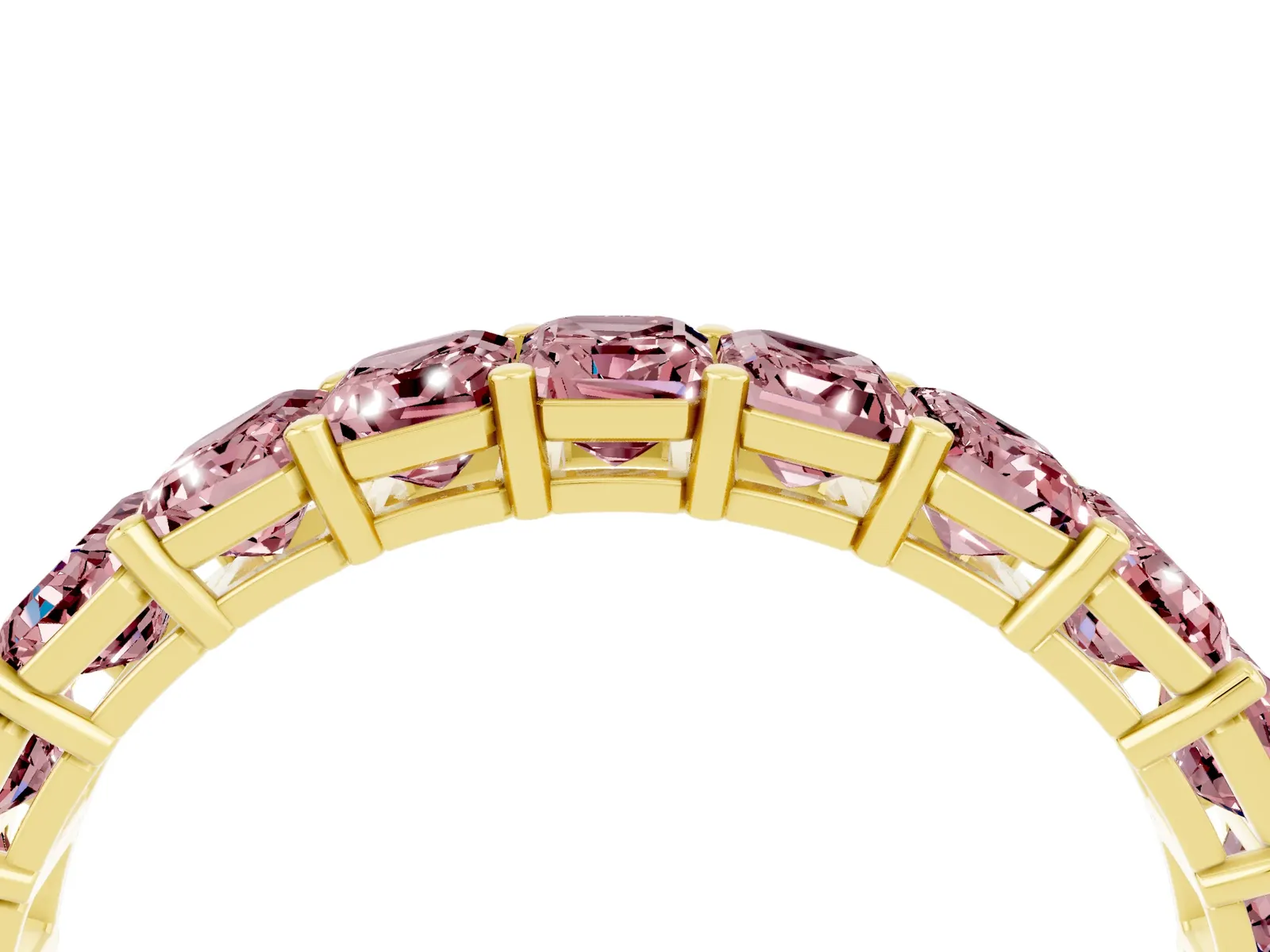 Emerald Cut Morganite Eternity Band with Shared Prong Setting Yellow gold