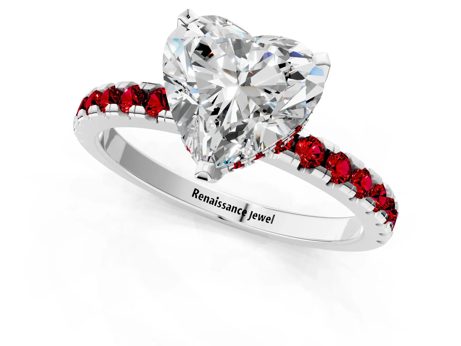 Heart Cut Diamond Solitaire Ring with Round Ruby Pavé Band and Four-Prong Setting Platinum