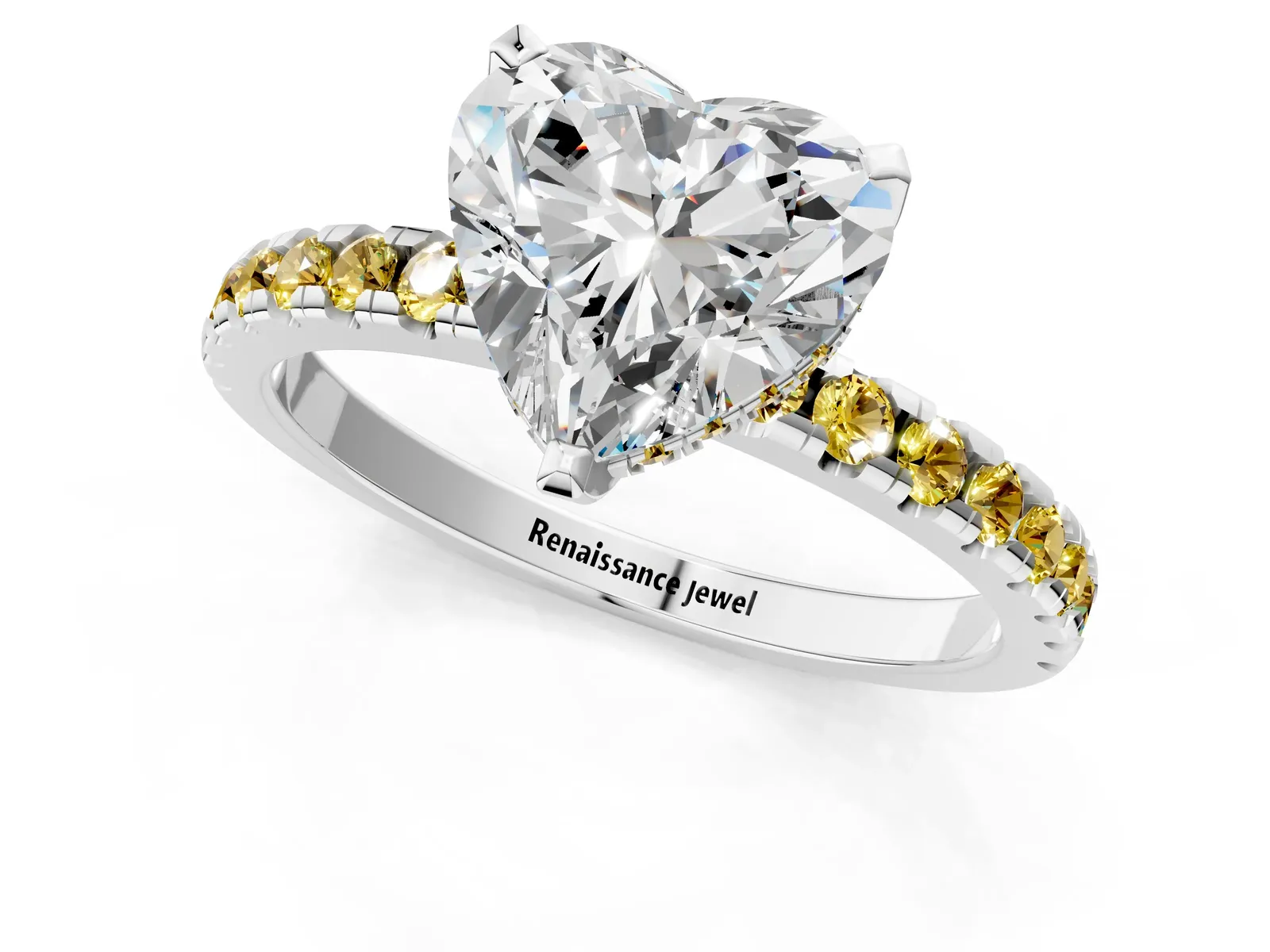 Heart Cut Diamond Solitaire Ring with Round Yellow Sapphire Pavé Band and Four-Prong Setting Platinum